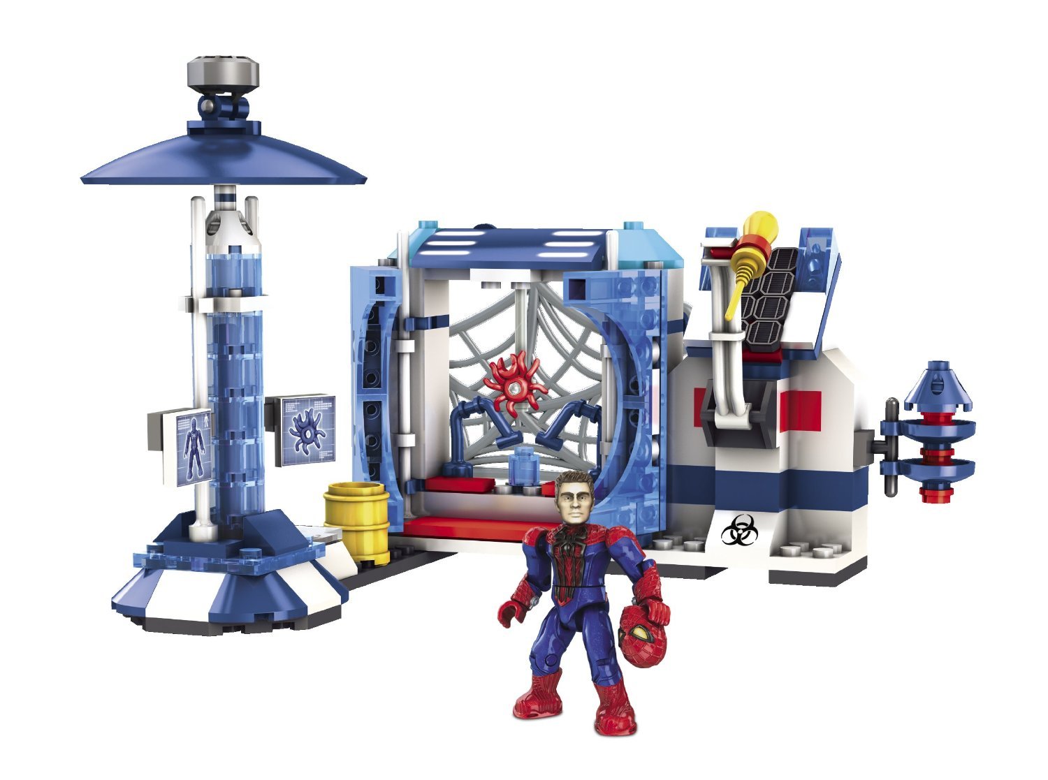 Assembled Mega Bloks Oscorp Spider Lab with the Peter Parker figure