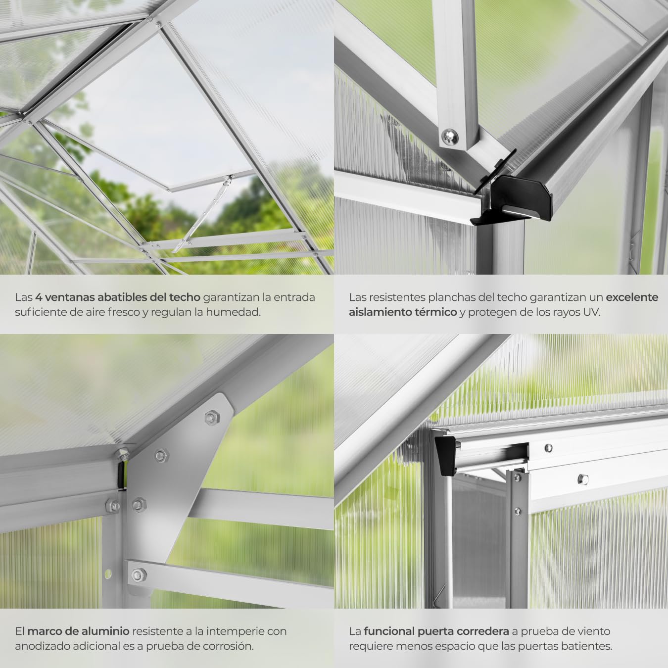 tectake Invernadero de Jardín de Aluminio y Policarbonato, Caseta Jardín Exterior 375x185x195, Vivero Huerto Casero 6,93m³, Invernadero Terraza para Cultivo de Plantas, con Base