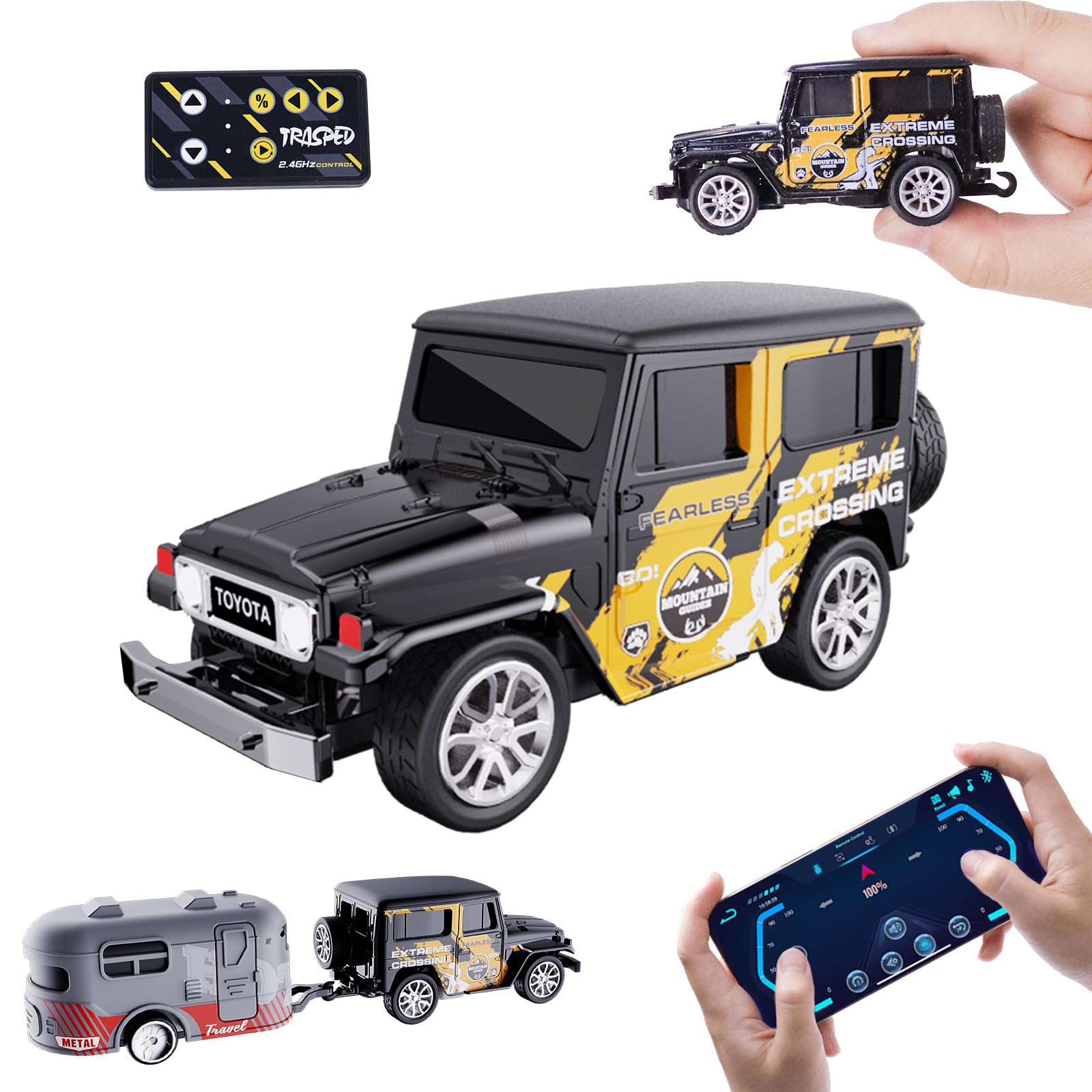 Mini RC Car with APP Control, 1:64 Scale Off-Road Vehicle & Trailer Toy, 2.4GHz Wireless Remote Control, LED Lights, Alloy Case, MultiControl Modes, Speed/Steering Adjustable (Black)