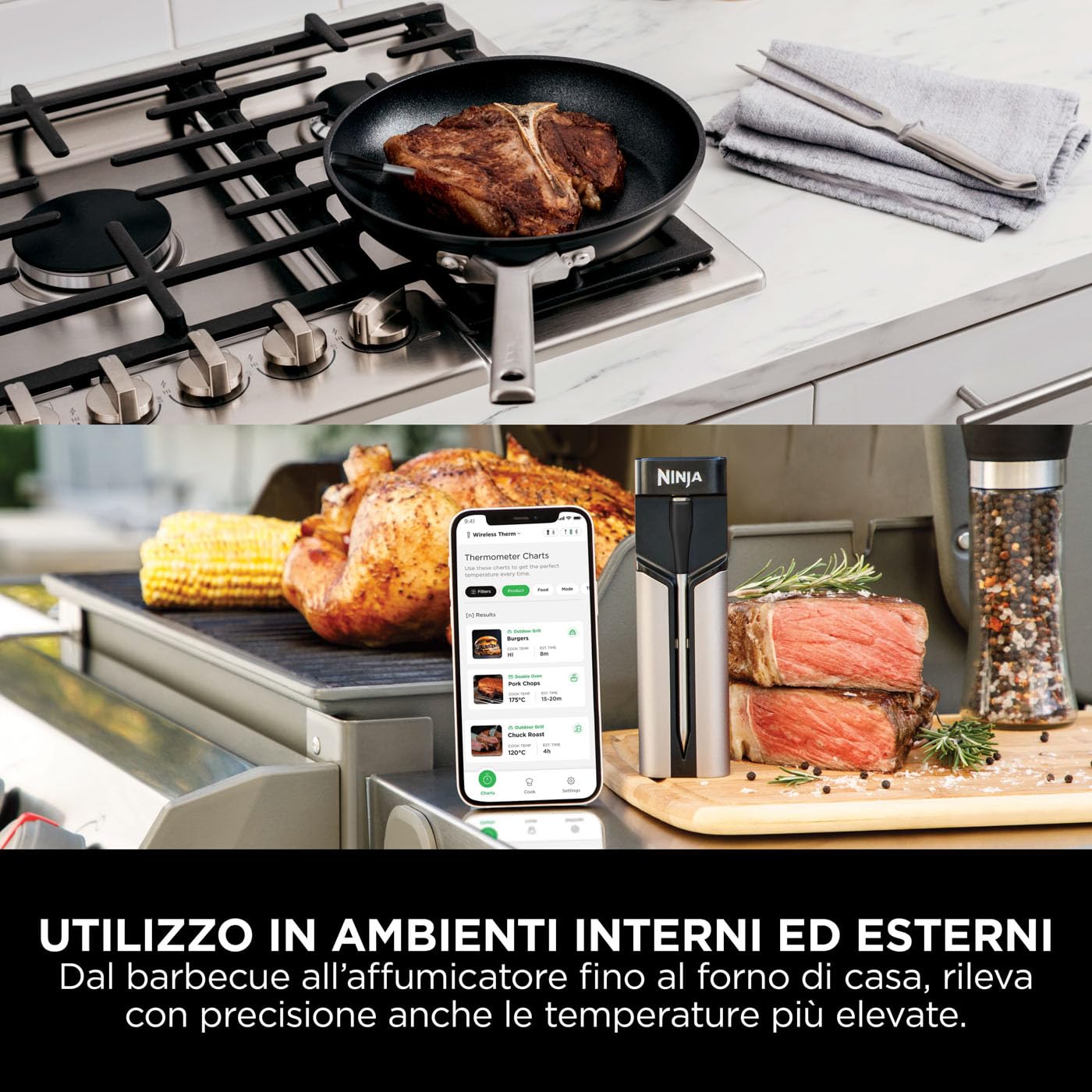 Ninja ProChef Termometro a Sonda Wireless per Carne, per Grigliare e Friggere ad Aria, con Bluetooth, Durata Batteria di 30 ore, Controllabile con App, Resistente al Calore, Impermeabile, WP100EU