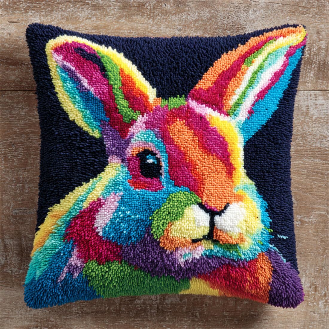Kitquiver Animal Latch Hook Craft Kits Colorful Rabbit DIY Latch Hook Kits Pillow Printed Cushion Crochet Yarn 3D Embroidery Set Pillowcase Rug Home Decor 17x17In