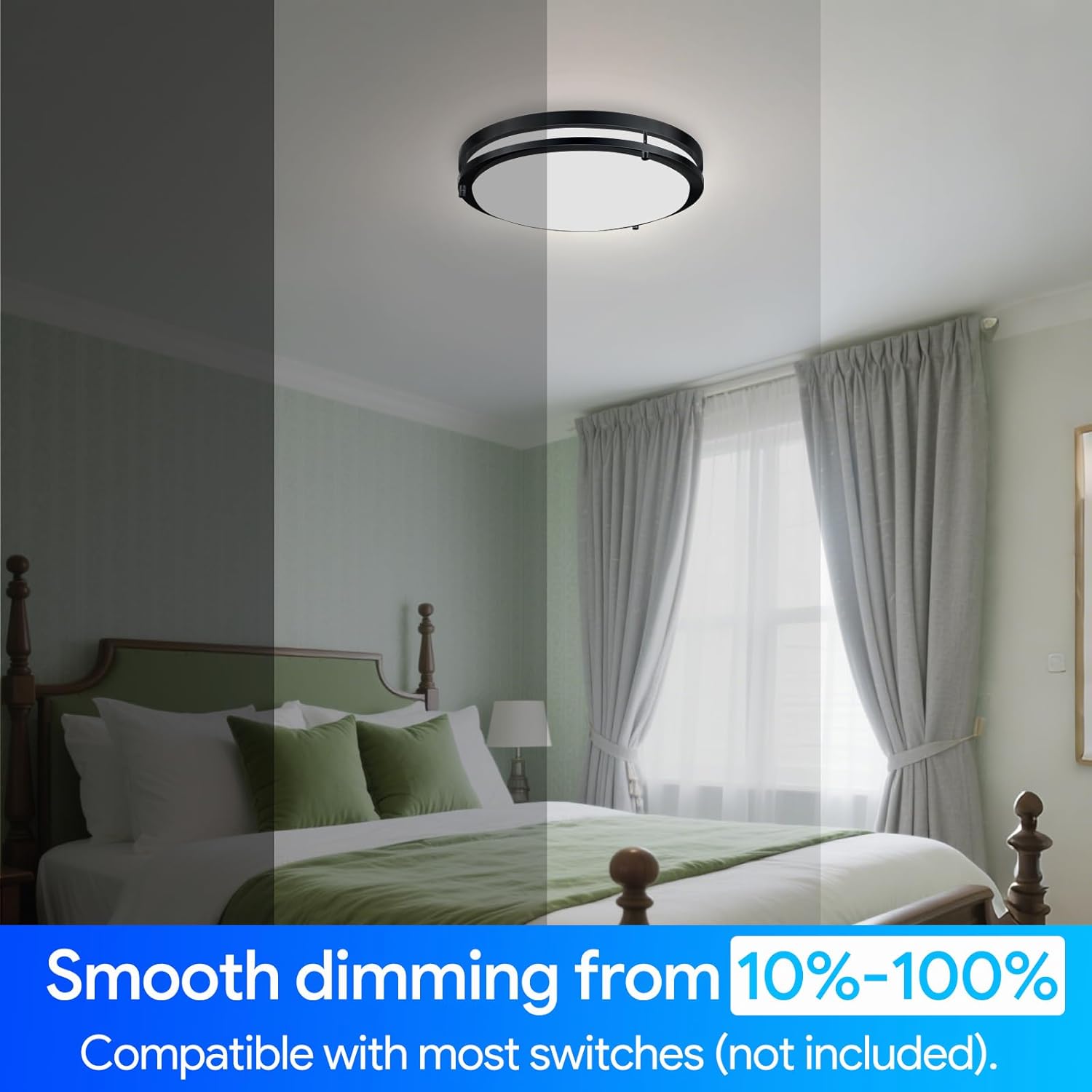 Energetic 14 Inch LED Flush Mount Ceiling Light Fixture, 3000K/4000K/5000K Color Adjustable, Dimmable Ceiling Light for Bedroom, Kitchen, Bathroom, Hallway, Garage, 24W, 1560LM, Black, ETL, 1 Pack