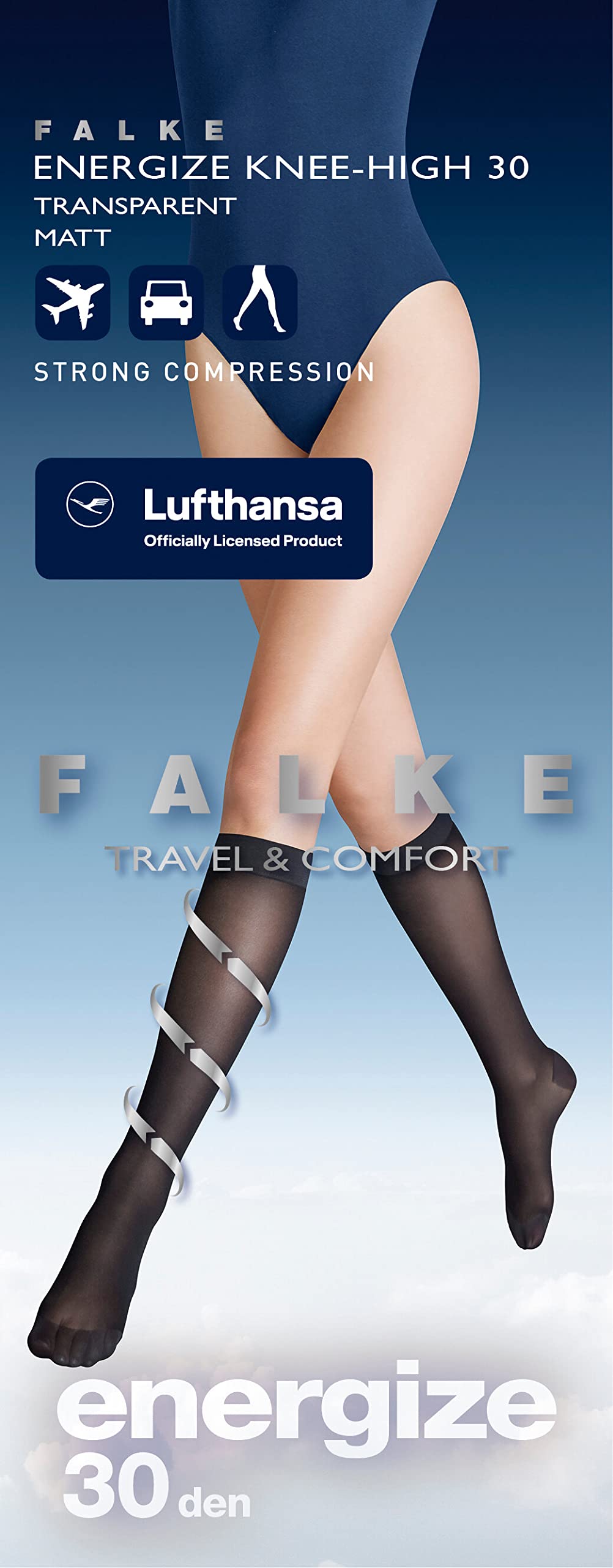 FALKE Lufthansa Travel & Comfort femme Energize 30 DEN bas de contention transparent effet voile uni mat compression forte meilleure circulation sanguine fil fin doux 1 paire | avec forte compression & effet shaping