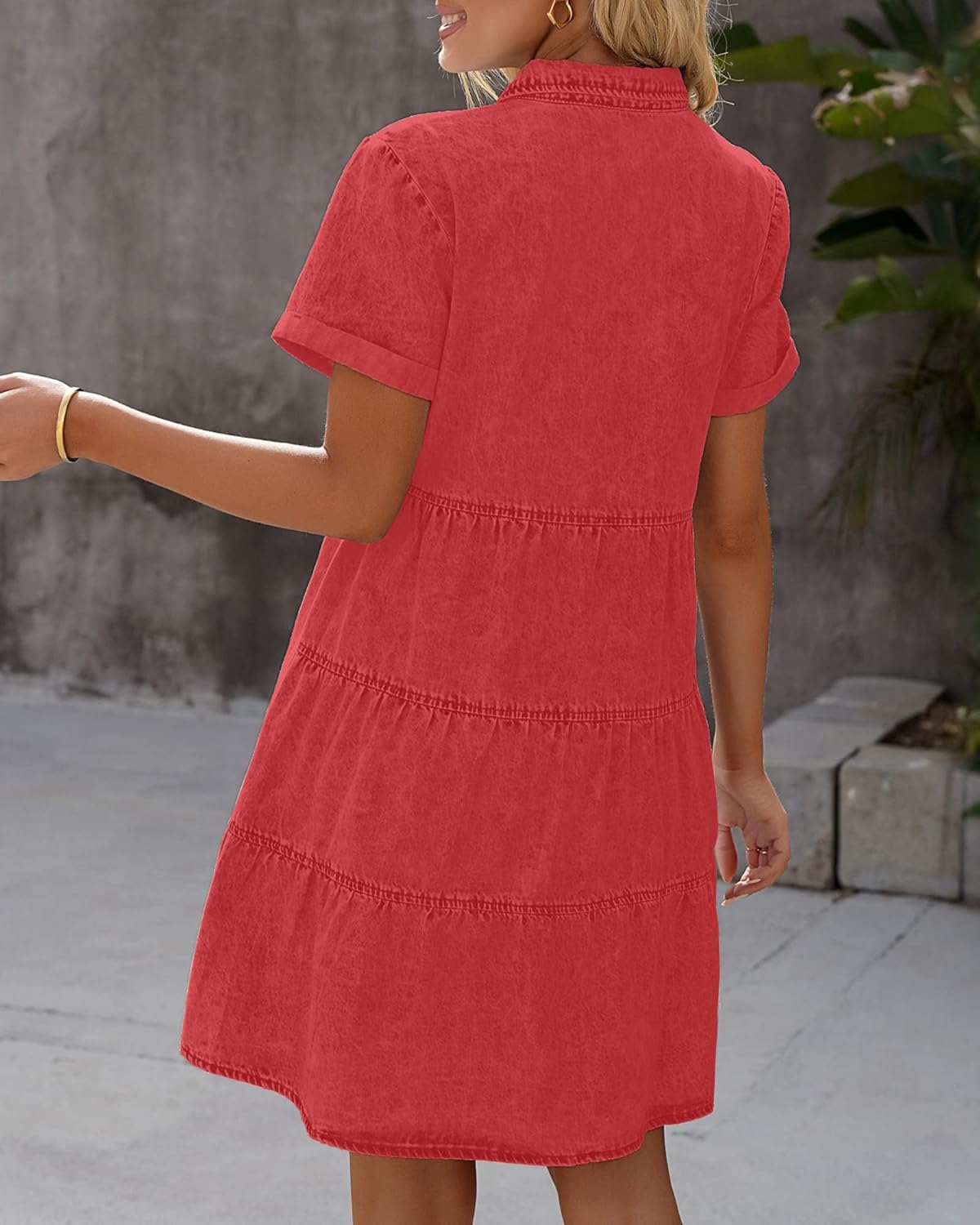 LookbookStore Women's Short Sleeve Button Down Flowy Tiered Babydoll Denim Dress - Image 2