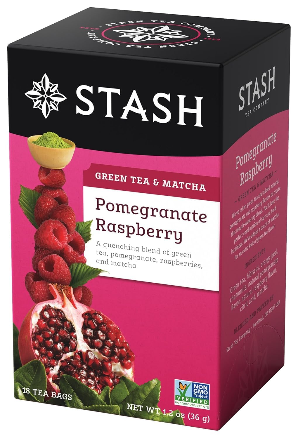 Tea Pomegranate Raspberry Green Tea & Matcha Blend 18 Count Tea Bags in Foil Individual Green Tea Bags for Teapots Mugs or Teacups, Brew Hot Tea or Iced Tea
