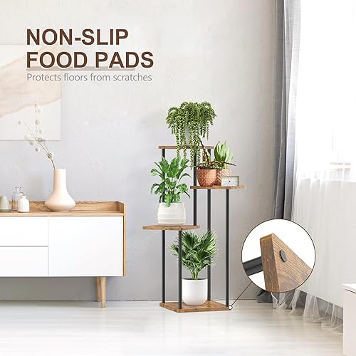 Miniatura 4 de Oppro - Soporte para plantas de 4 niveles para interiores, soporte de esquina de madera de metal con niveles para macetas, estante de madera para