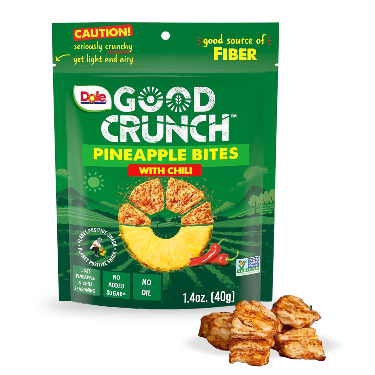 DoleGood Crunch Pineapple with Chili Dried Fruit Bites, Gluten Free & Vegan Snack, 1.4oz Bag