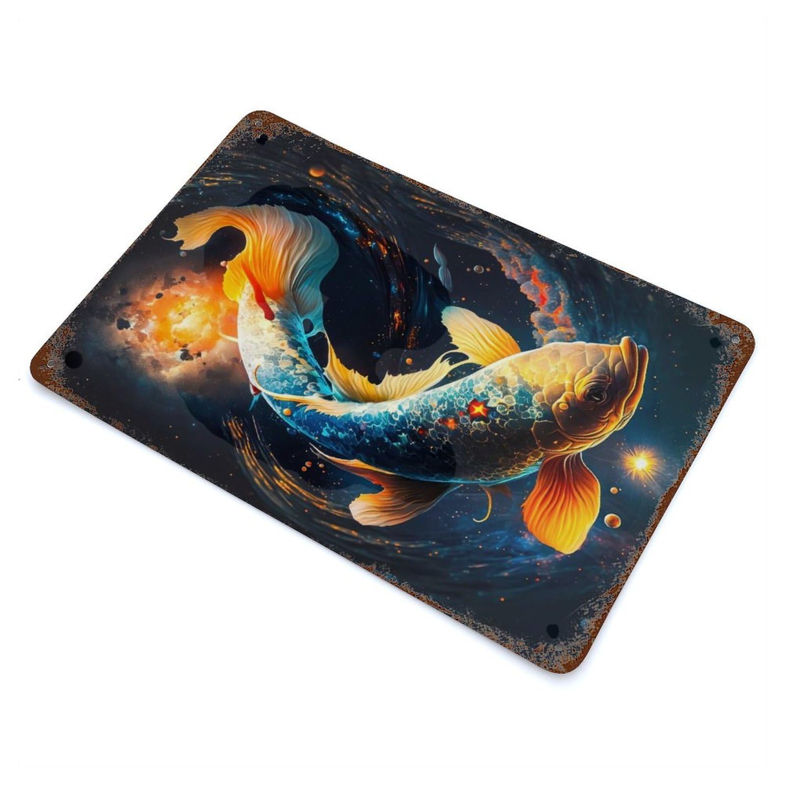 Rust Effect Cosmic Koi 3 Vintage Rust Metal Sign 11.8"x7.9", Farmhouse Wall Decor for Basement, Hobby Room And Garage Decor