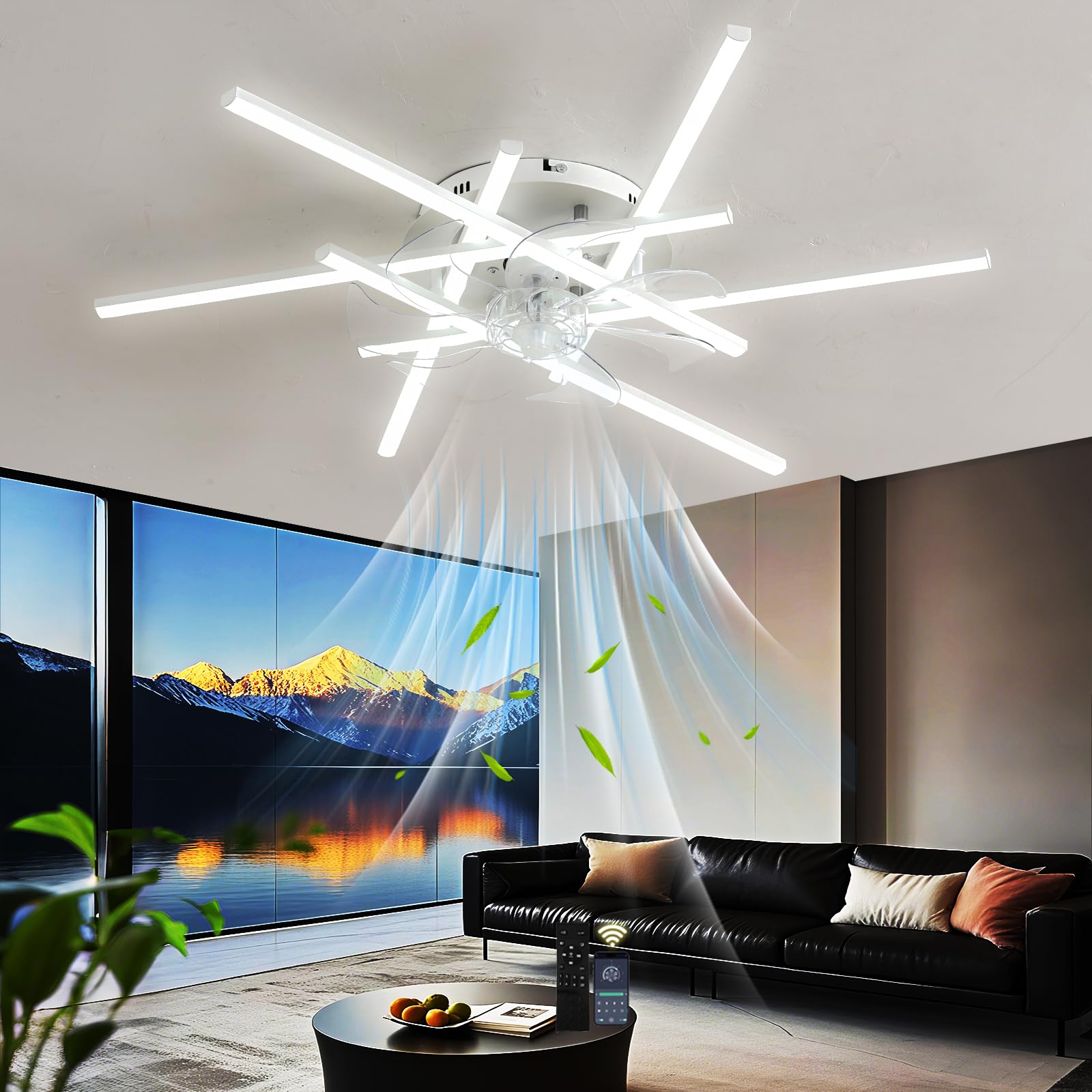 SXDMOUBK Smart Ceiling Fan with Lights & Remote Control 36W LED Chlier Fan 6 Speeds Dimmable 3000K-6000K Reversible Quiet Design for Bedroom & Living Room White
