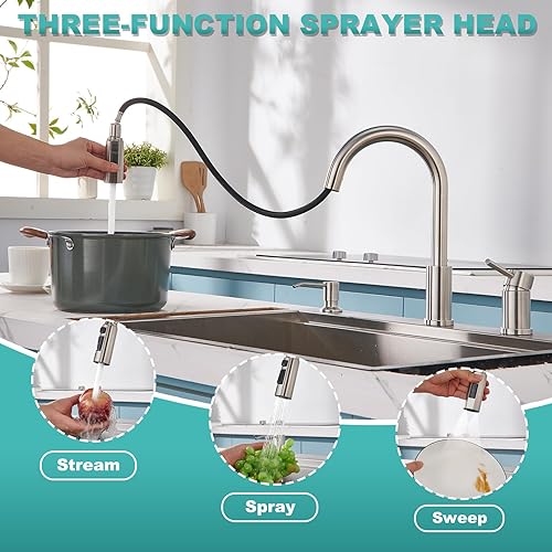 Miniatura 2 de Tohlar Grifos de cocina con dispensador de jabón, grifo de cocina de níquel cepillado, grifo de fregadero de cocina de arco alto con rociador