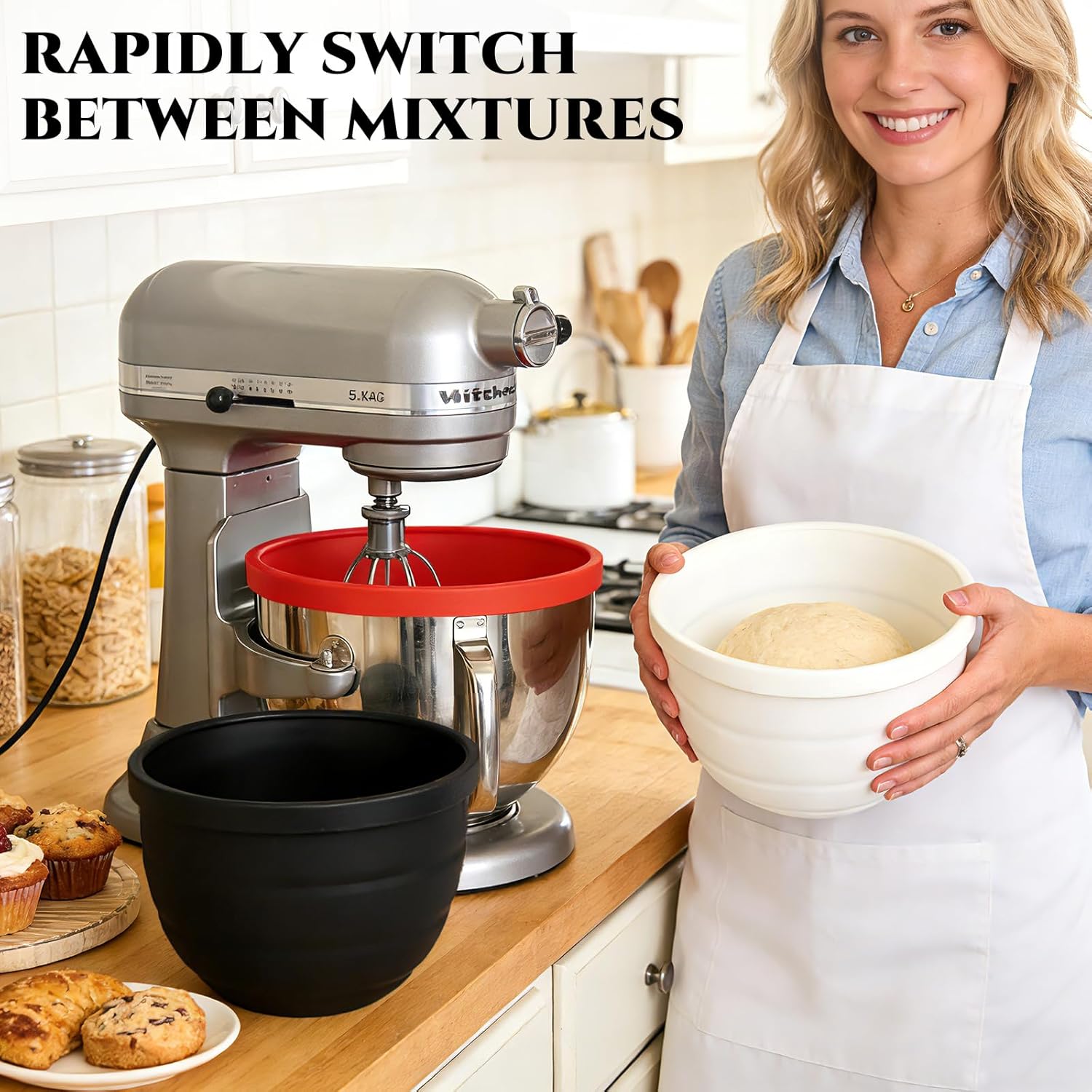 Silicone Bowls for Kitchenaid Mixer,Fits 5 Qt Mixing Bowl, Set of 3 with Lids,Thicker,Odourless,Cold/Heat-Resistant & Non-Stick,Easy Clean,Easy To Replace(Not for Bowl-Lift Models)