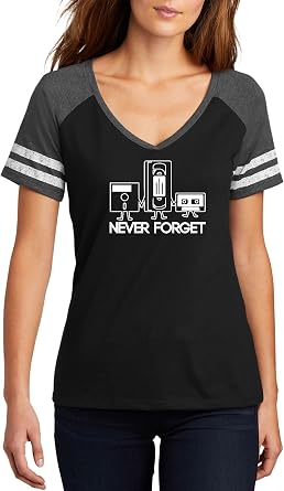 Comical Shirt Ladies Never Forget Funny Shirt Floppy Disc VHS Cassette Tech Geek Tee Game V-Neck Tee
