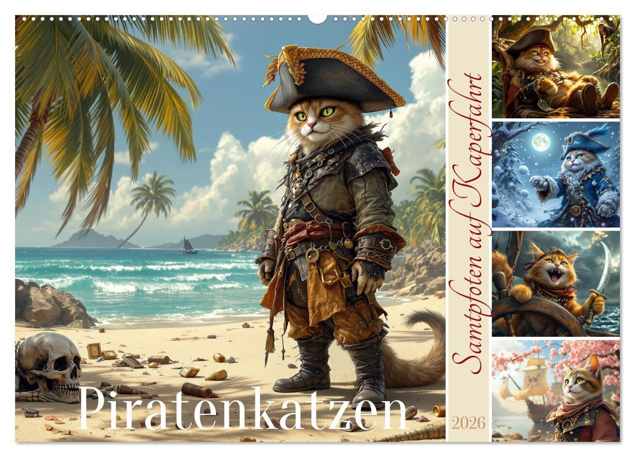 Piratenkatzen- Samtpfoten auf Kaperfahrt (Wandkalender 2026 DIN A2 quer), CALVENDO Monatskalender: Die Abenteuer der Piratenkatzen. (CALVENDO Tiere)