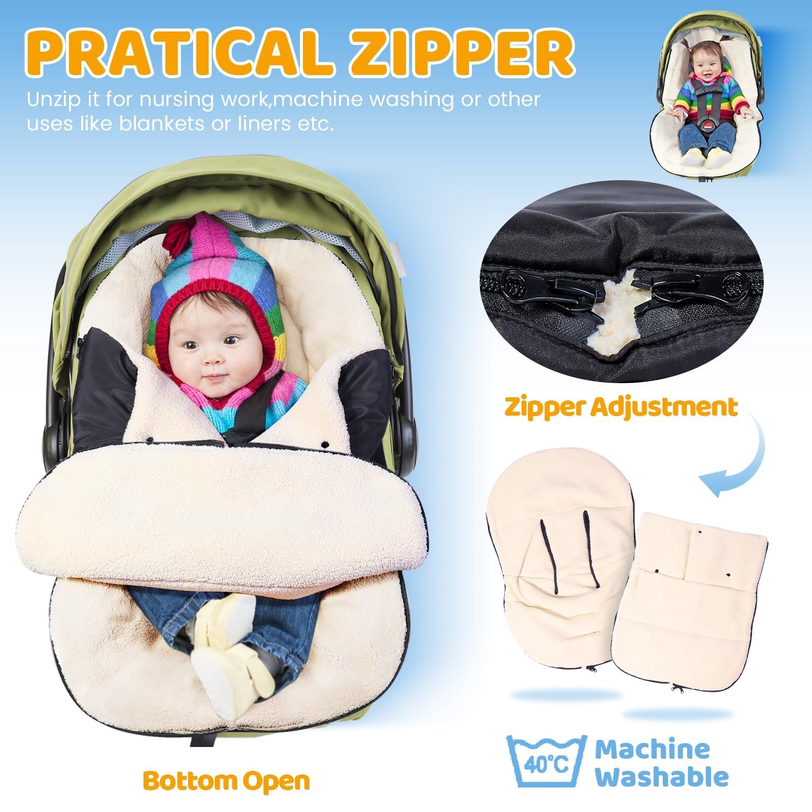 Orzbow Chanceliere Cosy Universelle, Imperméable Couverture Siege Auto Bebe Hiver avec Collier Réglable, Doublure Chaude en Polaire Berbère, Fermeture Éclair, Amovible et Lavable en Machine (Noir)