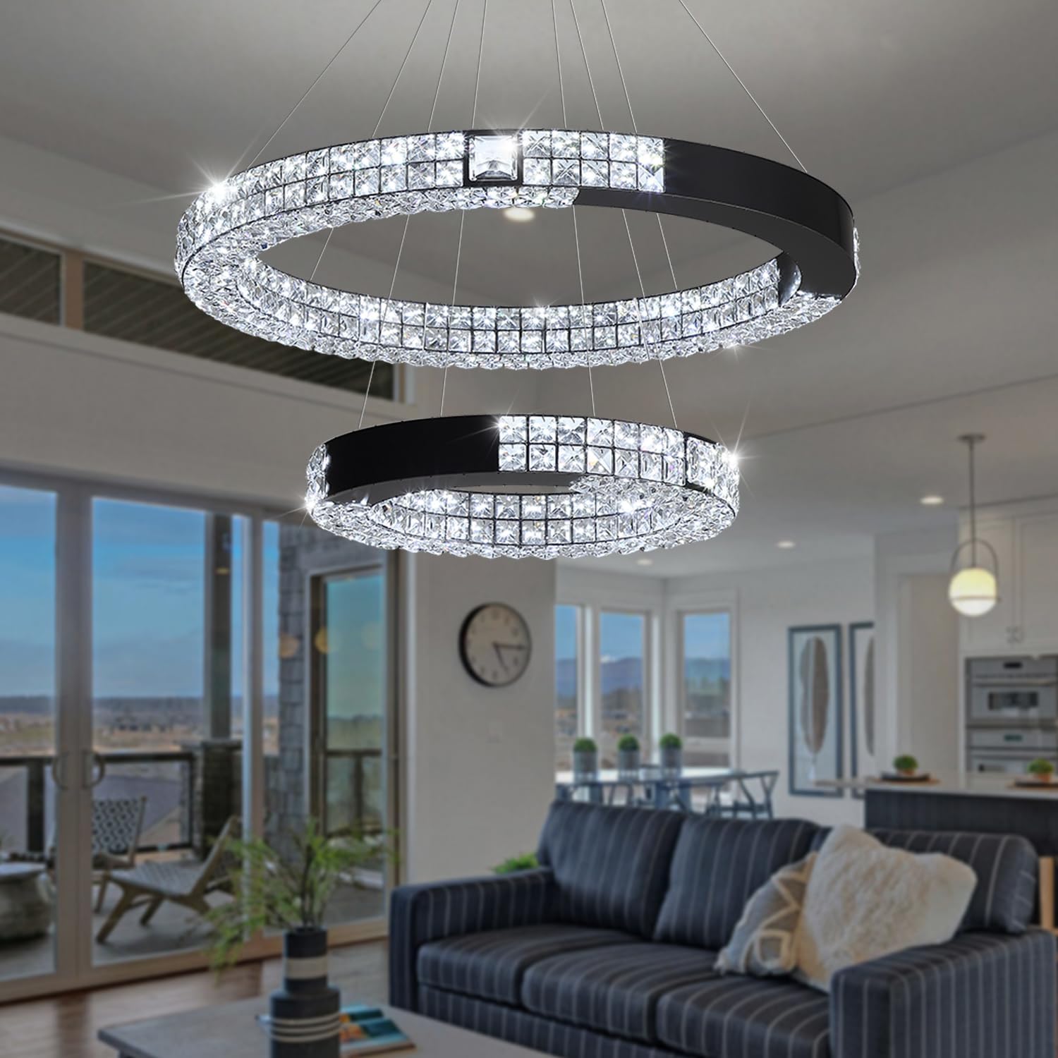 Led Gold Ring Chandelier for Living Room Dining Room Bedroom Modern Crystal Chandeliers Hanging Lighting Adjustable 2 Ring Chandeliers D32''+D20‘’