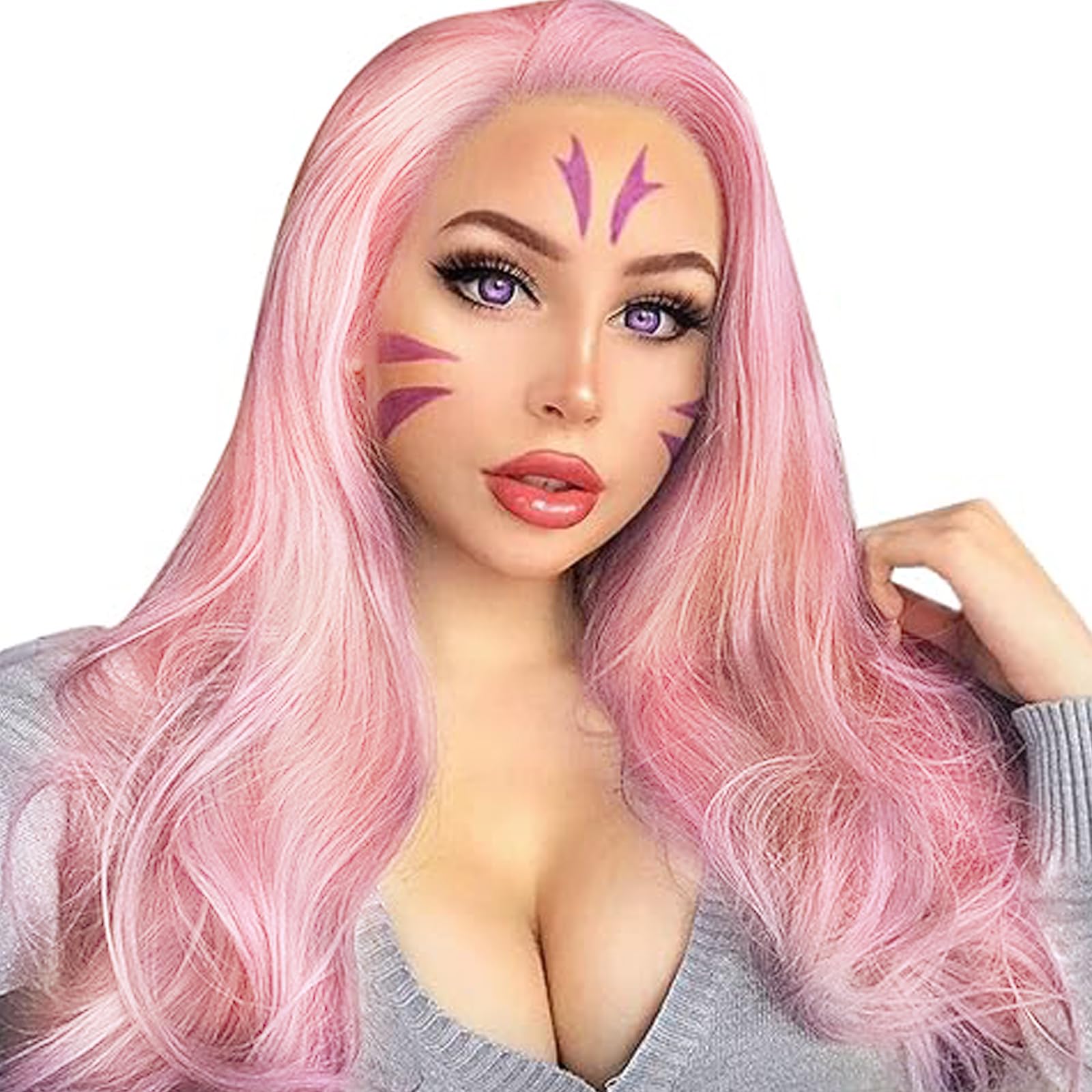 Pink Lace Front Wigs for Women Long Wavy Synthetic Hair Wig Soft Lace Wig with Natural Hairline Glueless Heat Resistant Fiber Hair for Women 24 Inch