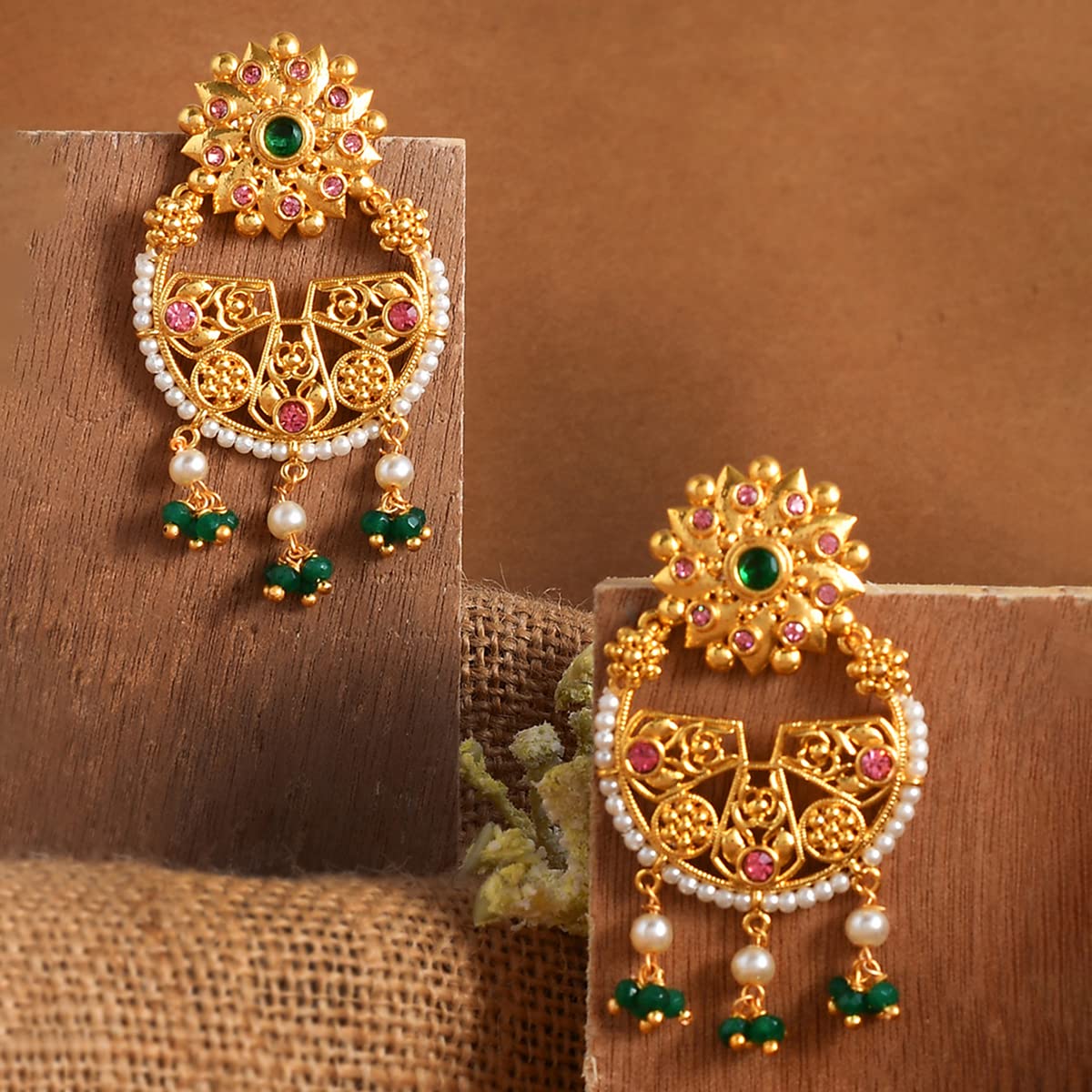 Abharan Green Stones and Pearls Earrings