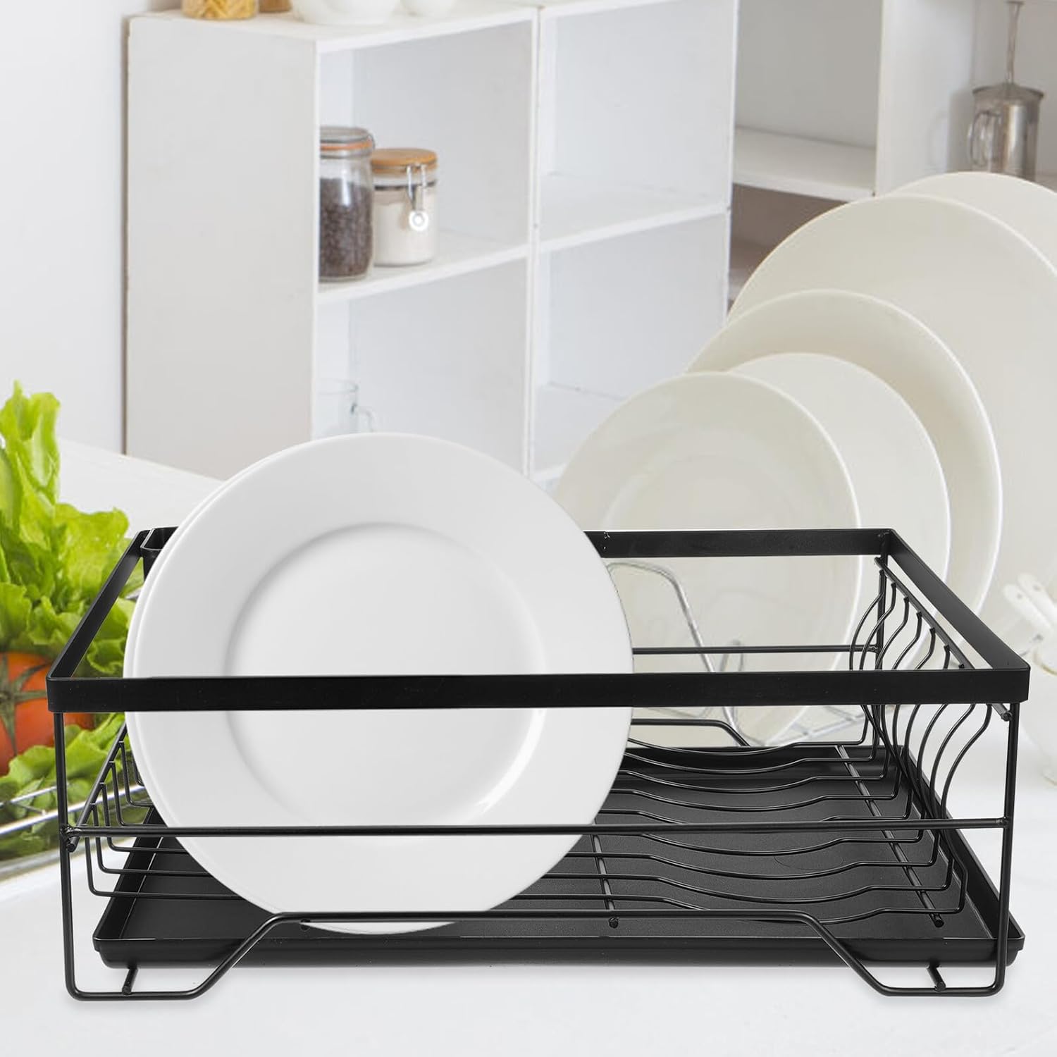 Kitchen Draining Shelf Iron Dish Rack Single Layer Black Household Tableware Holder for Countertop Drying and Storage