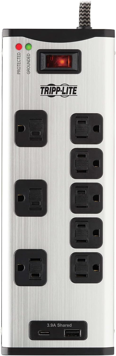 Eaton Tripp Lite Series Surge Protector Power Strip with USB Ports, Metal, 8 Outlets, 1 USB-A & 1 USB-C Charging Station, 2100 Joules, 8ft Braided Extension Cord, UL Listed (TLM88USBC)