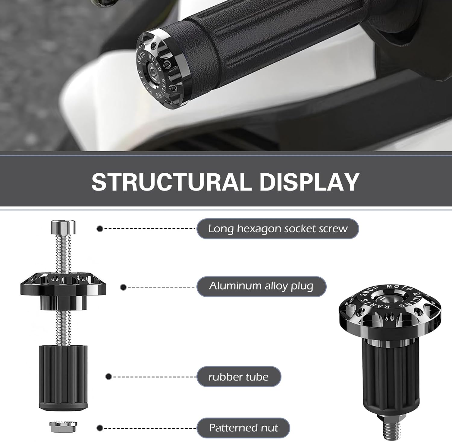 2PCS Motorcycle Bar End Plug, Metal CNC Anti-Collision Rustproof Handlebar Balance Plugs, Personalized Handlebar Decorative Accessories, for Most Motorcycles, E-Bikes, ATVs (Black)