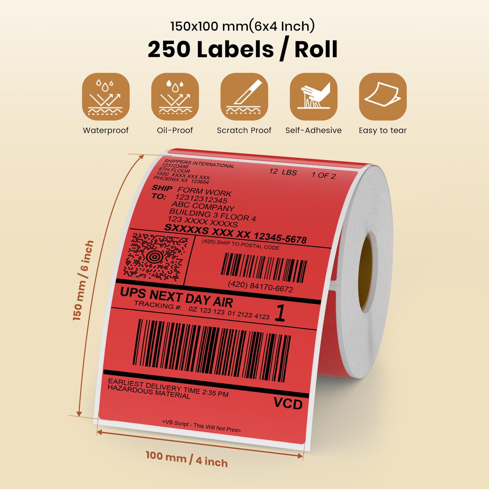 Lot de 250 rouleaux d'étiquettes thermiques rectangulaires en vinyle imperméable pour code QR et adresse de bureau Rouge 15,2 x 10,2 cm