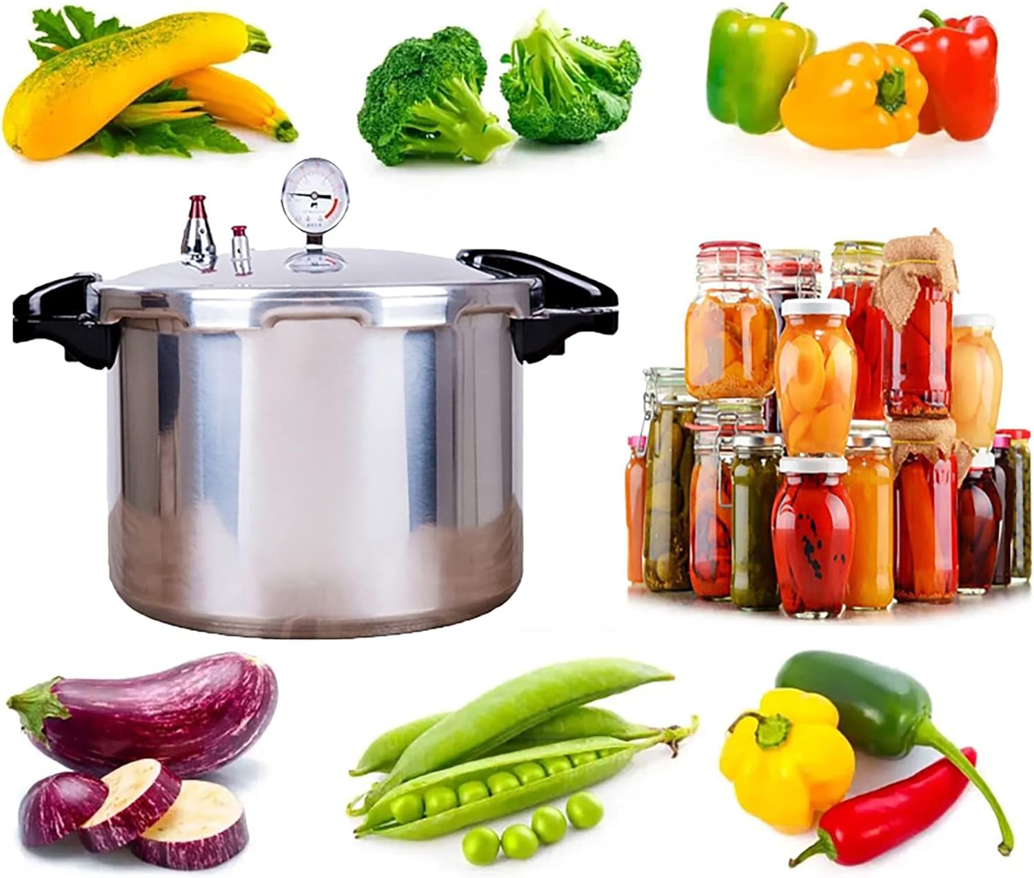 Fresh vegetables and canned goods surrounding the pressure canner