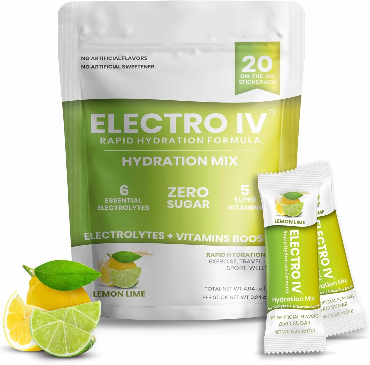 Rapid Hydration Mix – Sugar Free Electrolyte Powder Drink – Lemon Lime - 20 Stick Packs – Hydration Packets with Essential Electrolytes & Vitamins – Keto Friendly, Vegan, Non-GMO