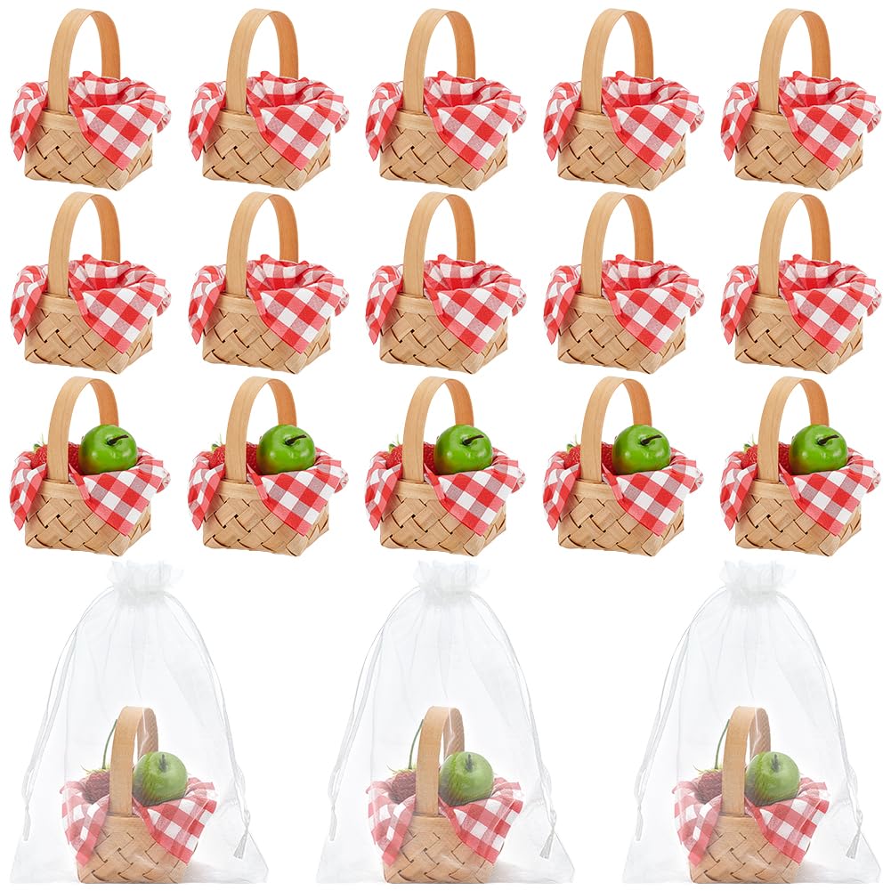 INTERWARM 24 Set Mini Picknickkörbe Aus Gewebtem Stoff Mini Blumen Und Obstkörbchen Mit 40 Stück Seidenpapier Und 24 Organza Geschenktüten Kleine Chips Körbchen Für Und Ostern Partygeschenke