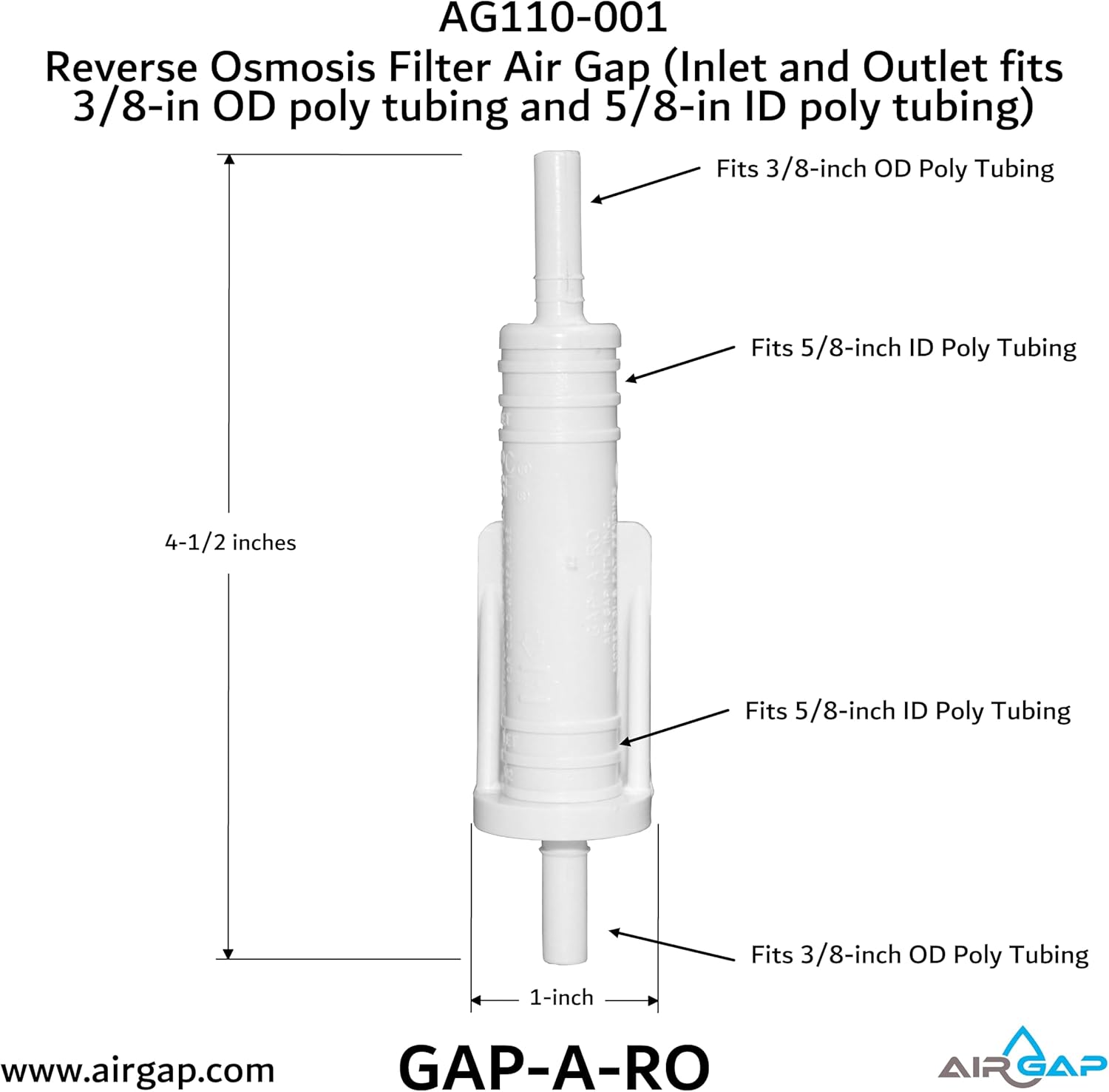 Reverse Osmosis Filter Air Gap (Inlet and Outlet fits 3/8-in OD poly tubing and 5/8-in ID poly tubing; AG110-001, KIT S-A, GAP-A-RO)