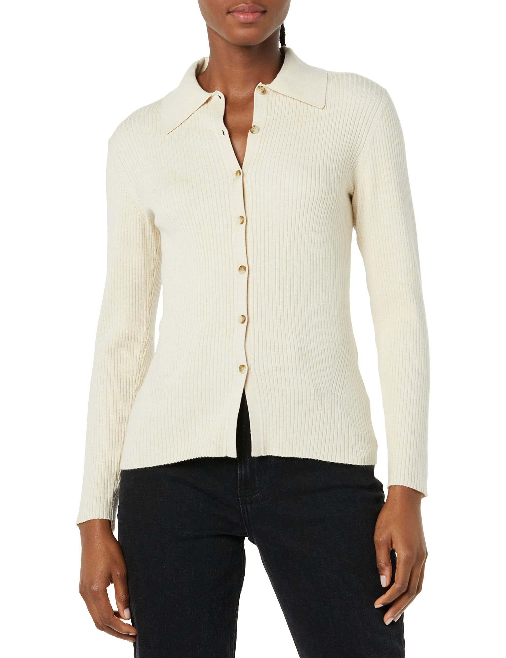 Amazon Essentials Women's Fine Gauge Stretch Polo Ribbed Cardigan, Sand Heather, Medium