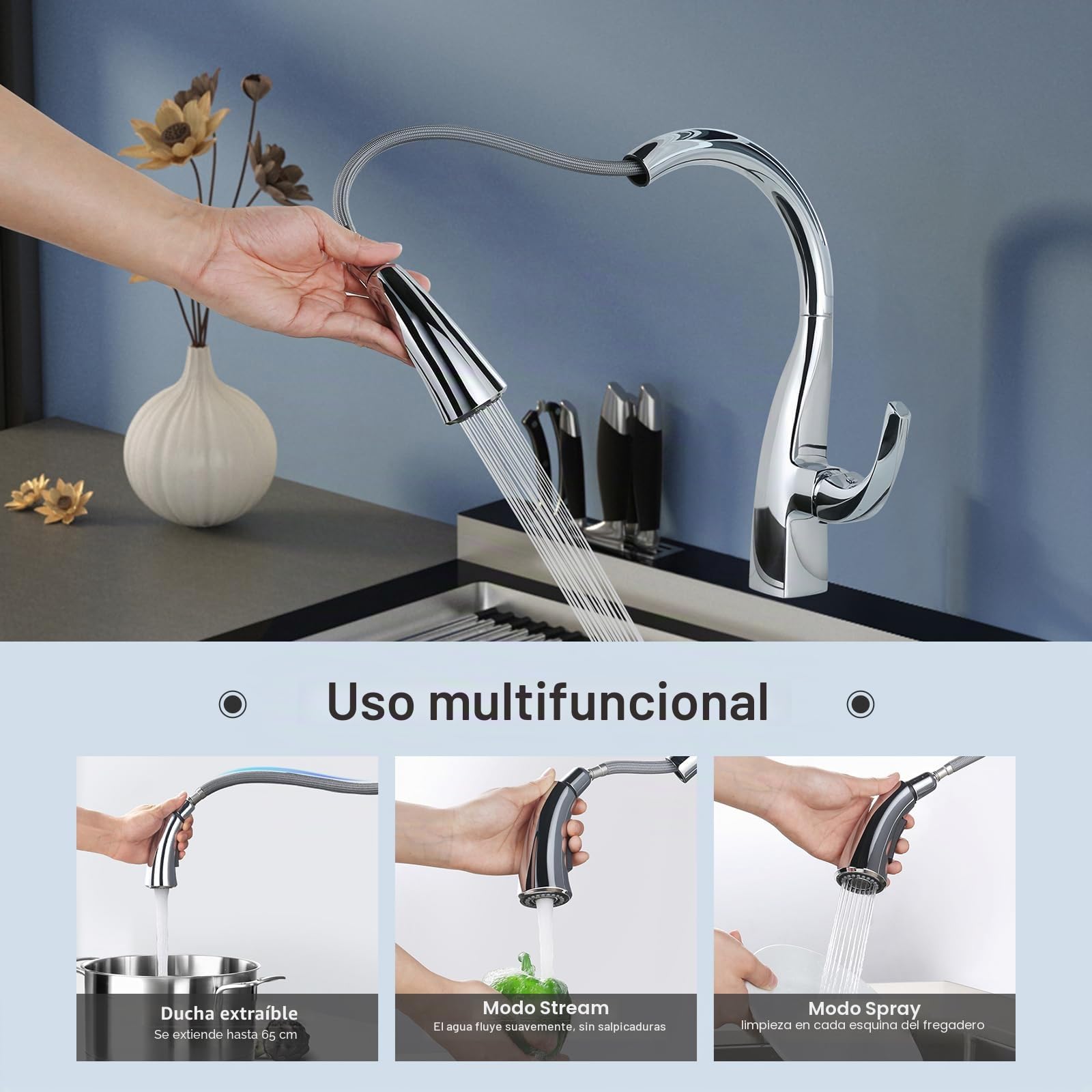 ARCORA Grifo Cocina Extraíble 360° Giratorio, Grifo Monomando Acero Inoxidable con 2 Modos de Chorro, Compatible con Fregadero Doble, Cromado