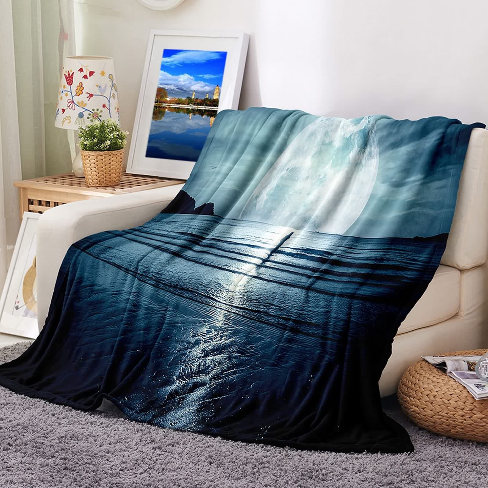 Couverture polaire haut de gamme flanelle douce motif ocean bleu nuit