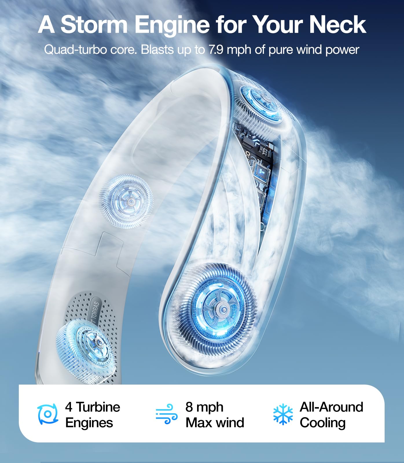 TORRAS Coolite, ventilatore da collo, 4 x Turbo Airflow, ventilatore portatile da collo, raffreddamento a 360°, leggero e pieghevole, per esterni, viaggi, regalo per mamma, padre, nero stellato