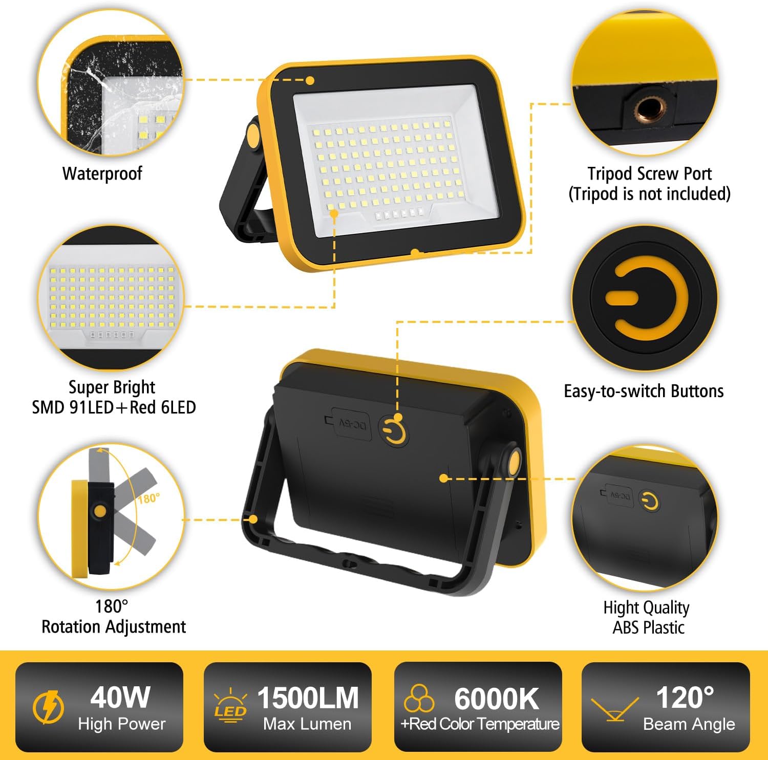 T-SUN Rechargeable Work Light, Portable Flood Light for Outside, Cordless LED Work Light with Tripod Hole, Waterproof Trouble Light USB Powered for Camping Fishing Car Repaire Job Site, 2 Packs - Image 4