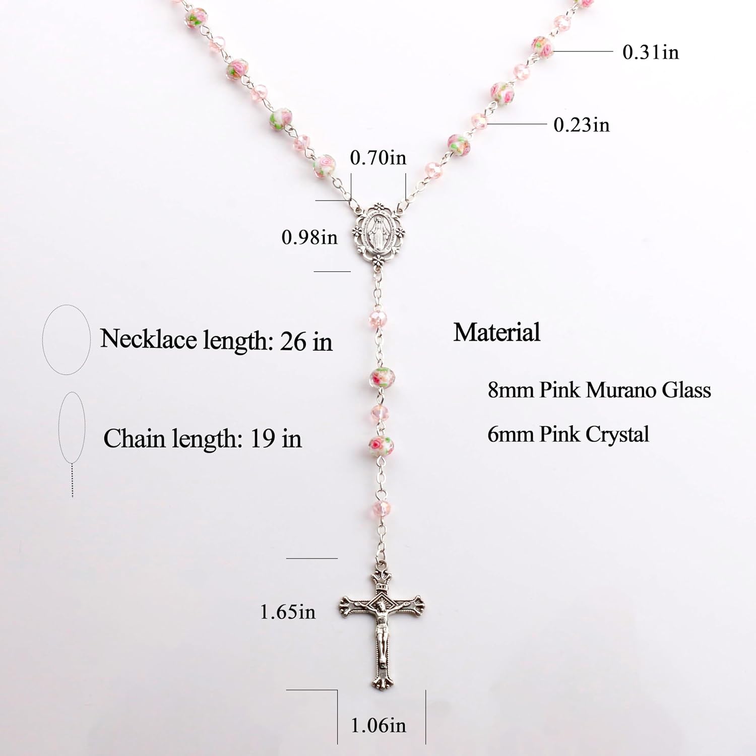 Pink Murano Glass and Crystal Rose Beads Catholic Rosary Necklace for Women with Virgin Mary PU Leather Bag - Image 5