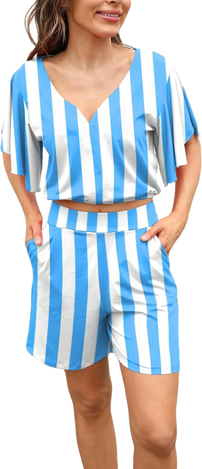 Fooullaide Womens Summer 2 Piece Outfit Set Crop Top Butterfly Sleeve Short Set Sexy Beach Vacation 2pc Sets