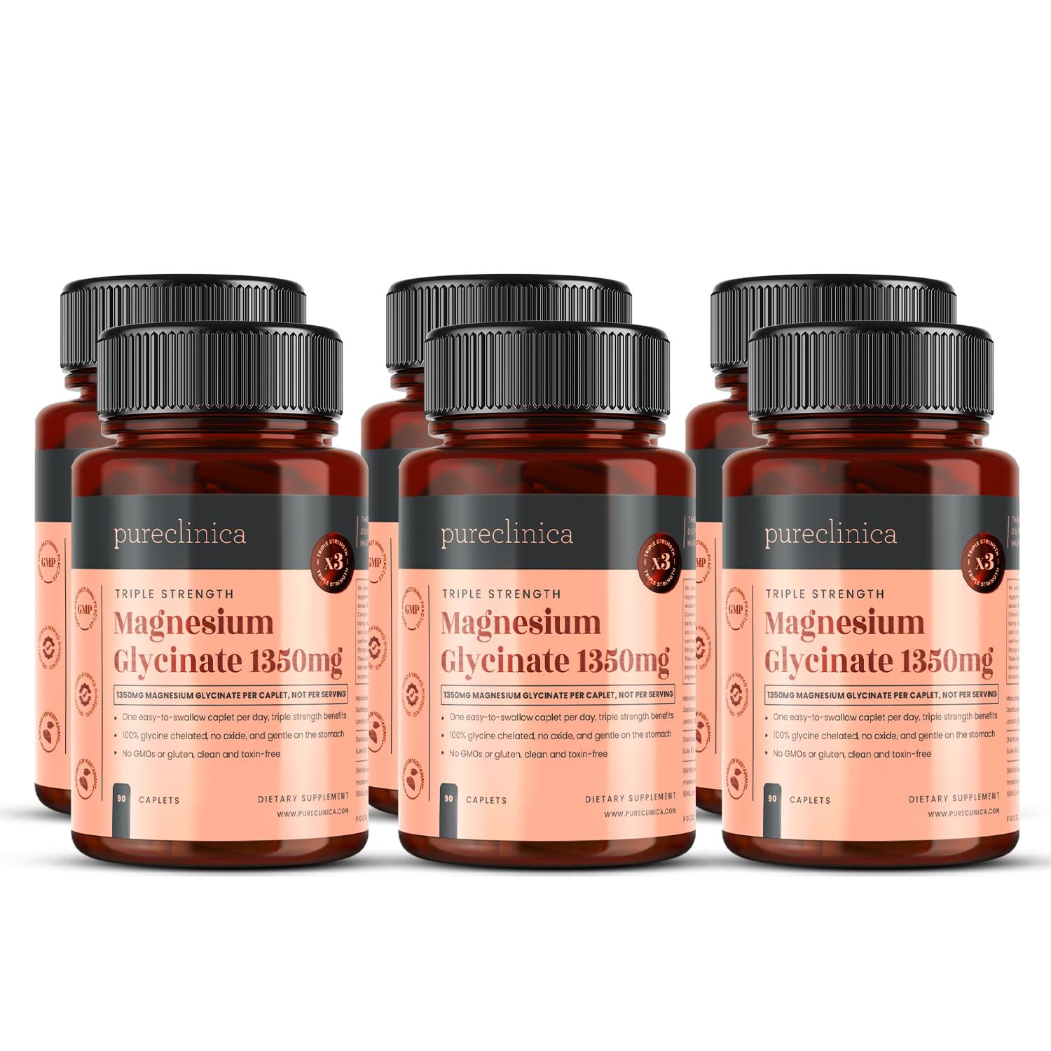 Triple Strength Magnesium Glycinat 1350 mg x 540 Kapseln (6 Flaschen mit je 90) – 202,5 mg elementares Magnesium pro Kapsel – 18 Monate Vorrat – 100% glycincheliert, magenfreundlich