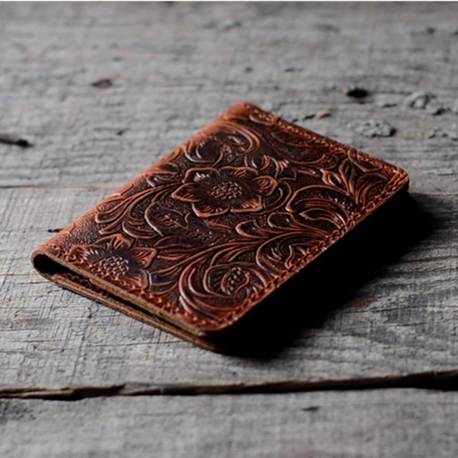 Handmade Distressed Men's Minimalist Leather Wallet Card Holder Wallets for Gifts Brown Flower | Handmade, Distressed, Minimalist, Wallets, for Gifts, Flower - Image 5