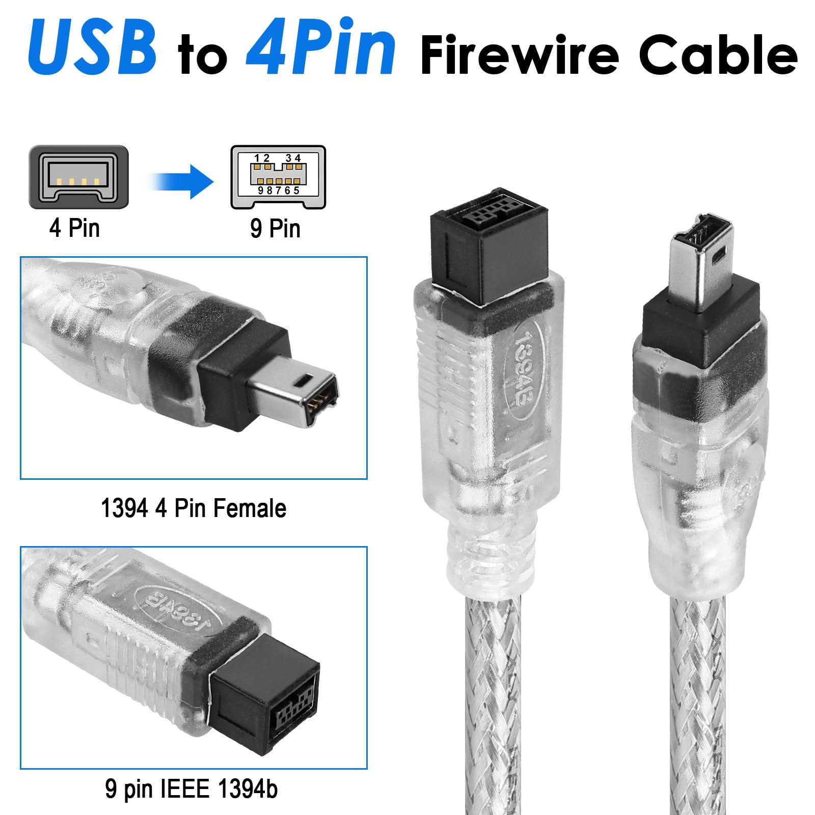 Herfair Câble FireWire IEEE 1394B, 9 broches vers 4 broches mâle vers mâle, adaptateur de transfert de données, convertisseur FireWire 400 DV iLink pour ordinateur portable vers caméscope, caméra DV