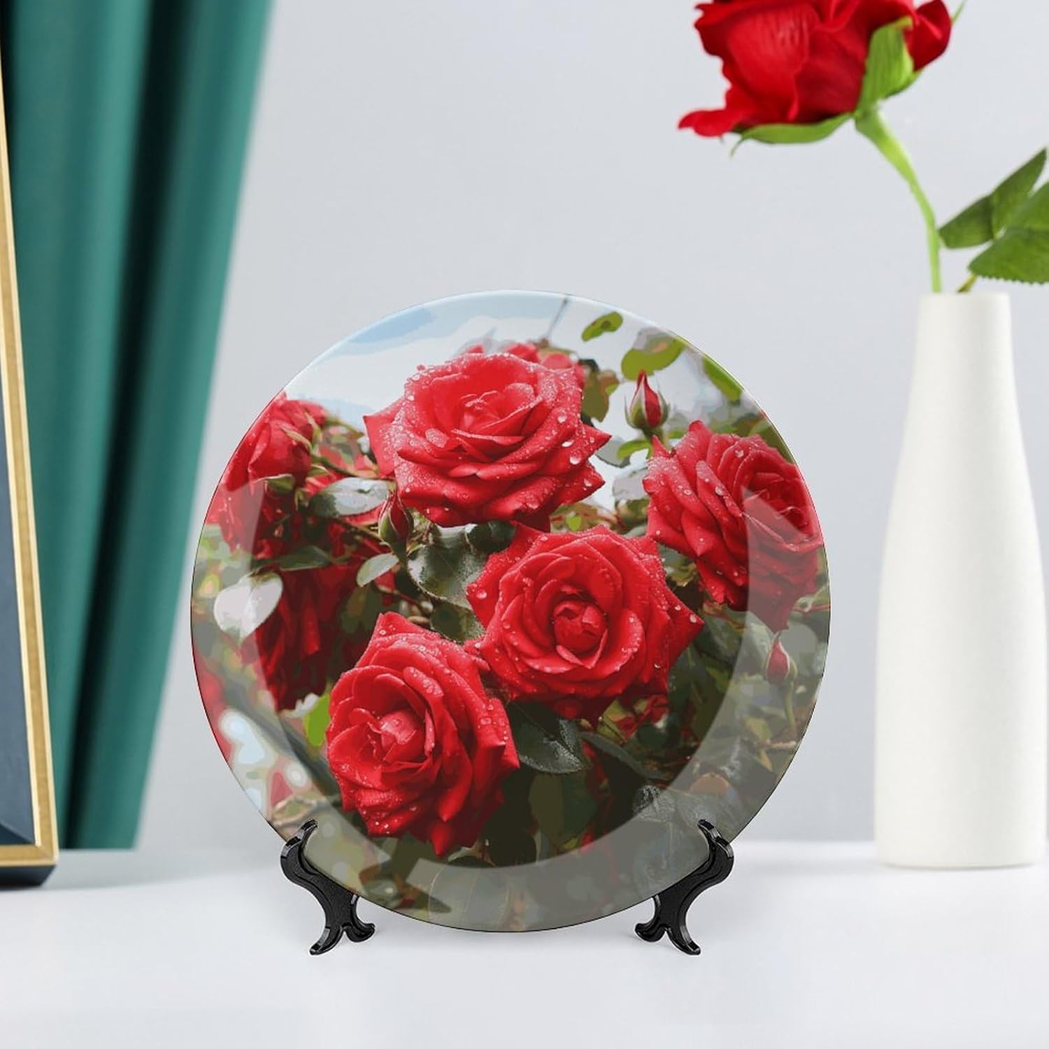 Red Roses Bush in The Garden Decorative Plates for Display Round Porcelain Plate Living Room Table Ceramic Hanging Decorative Plate Art Decor for Living Room Table with 1 Display Stand 8inch
