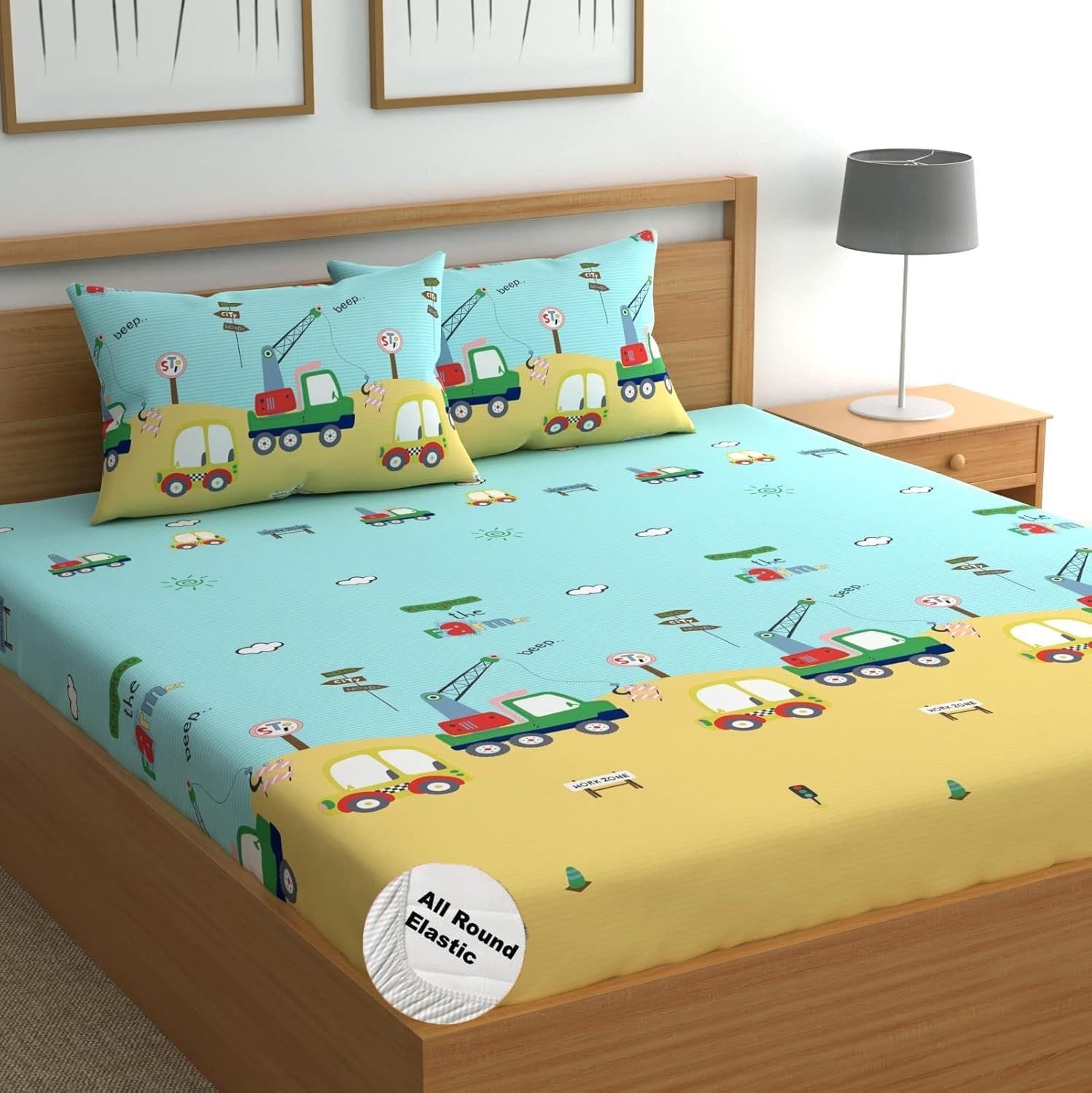 DECOMIZER Cartoon Kids Cotton Feel All Around Elastic Fitted King Size Double Bed Bedsheet with 2 Pillow Covers Fits Upto Mattress of 8 Inches,Size - 72 x 78 x 10 Inches,Design- Yellow Bus, 300 TC-image-42