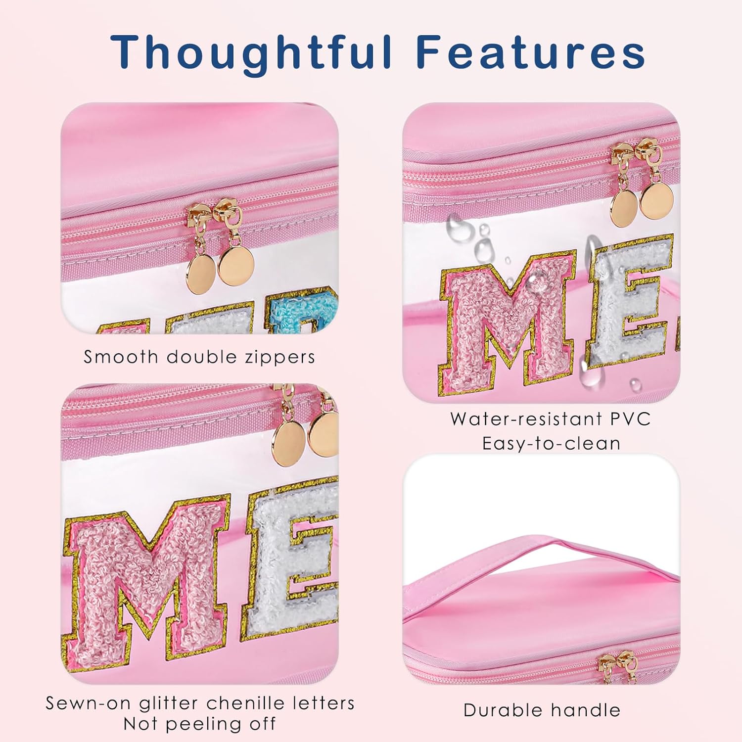 Chenille Letter Clear Medicine Makeup Bag, Large Size Waterproof Nylon Cosmetic Toiletry Storage bag with Top Handle, Transparent Meds First Aid Travel Organizer Cosmetic Bag(02Light Pink) - Image 3