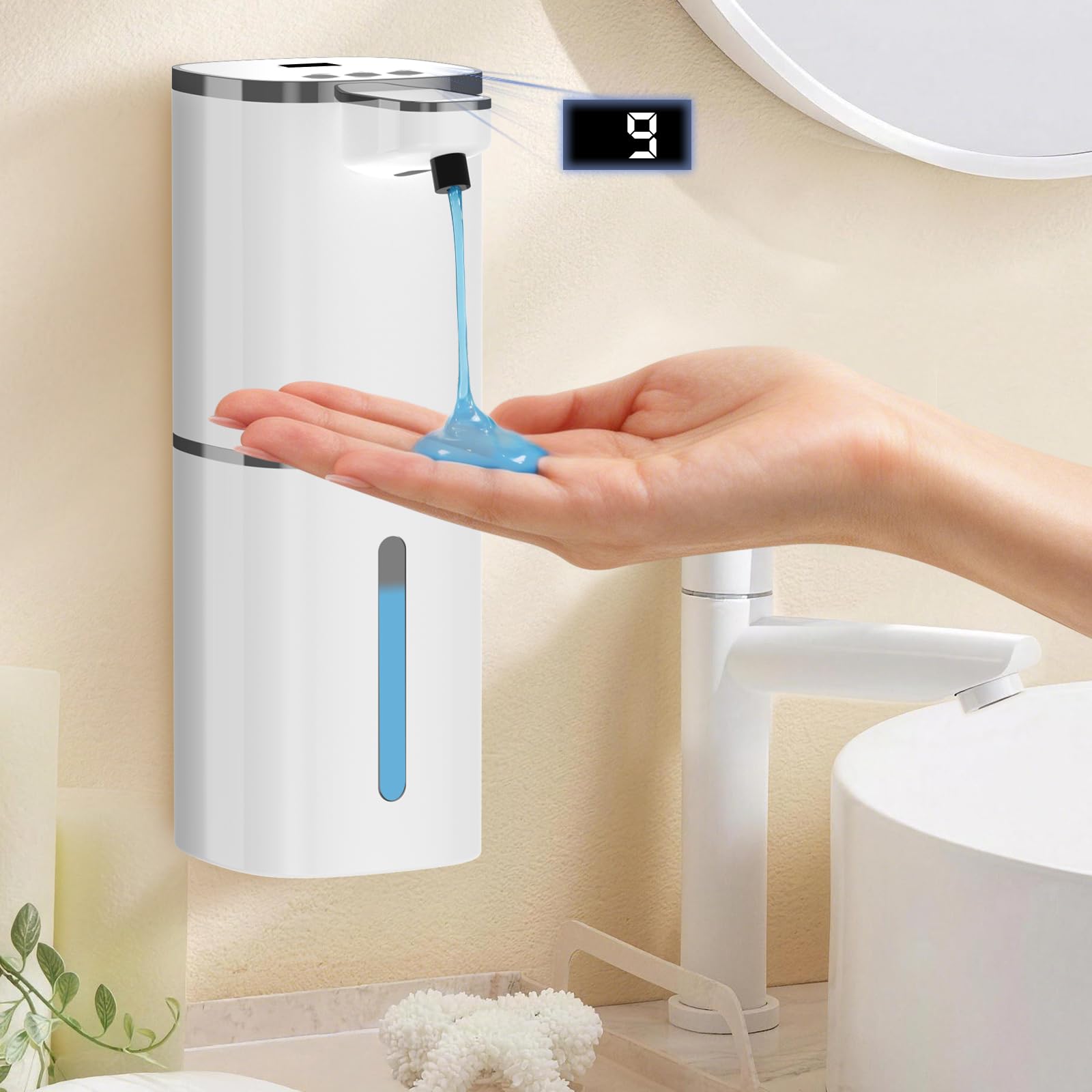 Automatic Liquid Soap Dispenser, 9 Adjustable Levels, 380ml/12.8oz, Touchless Hand Soap or Dish Soap Dispenser,IR Sensor & Display,Wall-Mount or Tabletop Use for Bathroom Kitchen