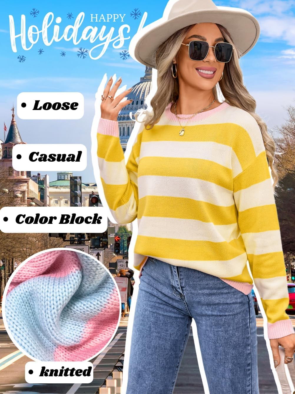 Colorful Striped Sweater,Cute Color Block Sweaters for Women,Fall Knit Tops Family Photo Costume - Image 3