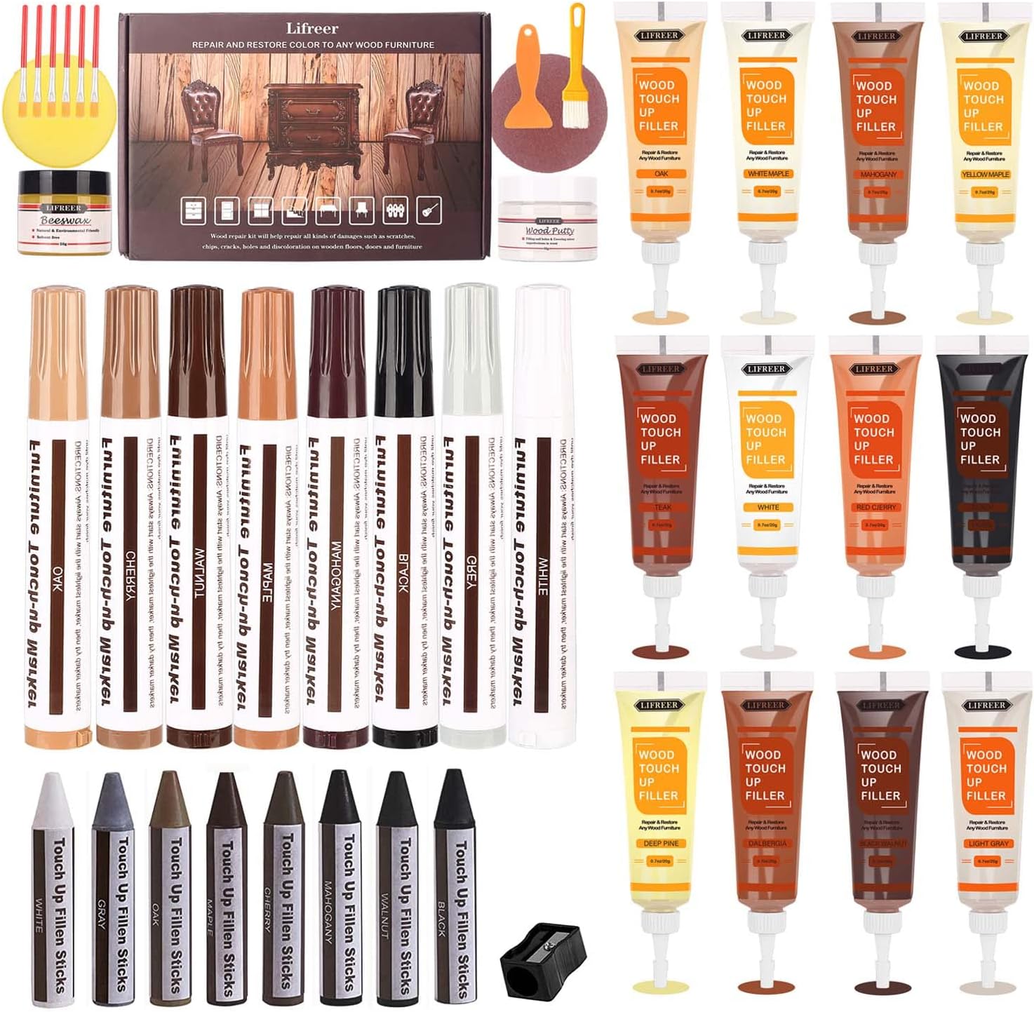 Laminate Floor Repair Kit - Set of 42 - Wood Fillers, Touch Up Markers, Crayon with Wood Putty - Repair Scratch, Cracks, Hole, Wooden Door, Floor, Table, Cabinet