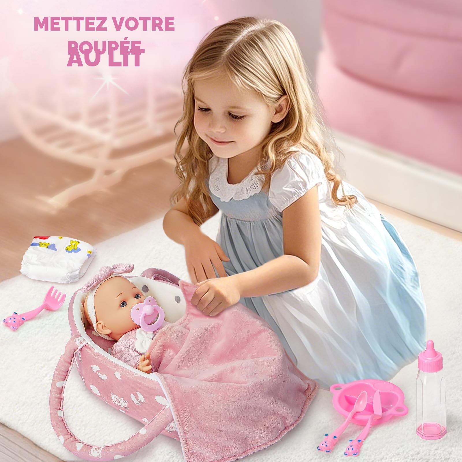 vamei Accessoire Poupon pour Poupon Bébé, Lit Portable pour Poupée avec Vêtements de Poupée & Couches pour Poupee Bébé & Sac à Langer & Biberon & Tétine, Cadeau pour Fille 2 3 4 5 an