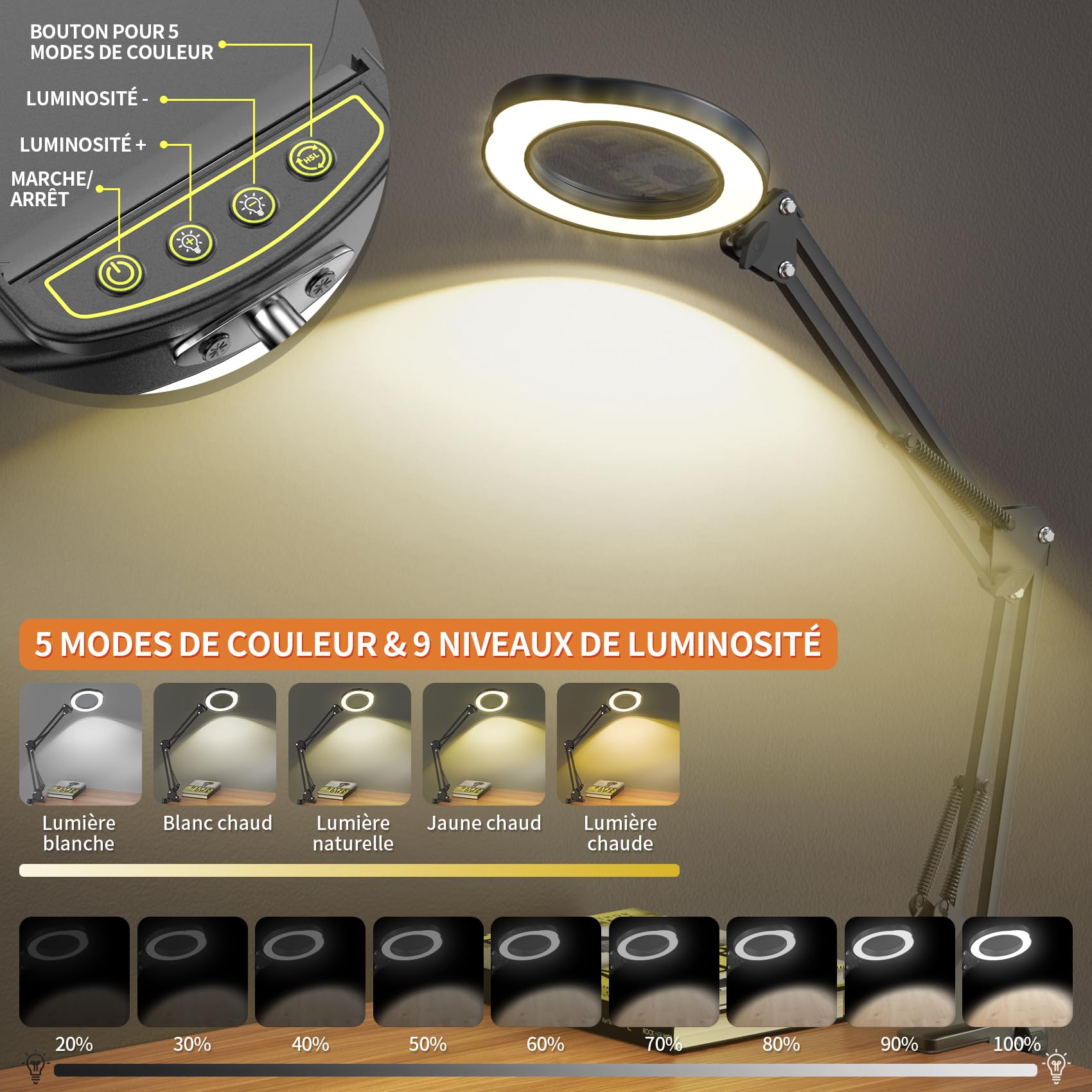 Lampe Loupe de Bureau avec Lumiere, Loupe Grossissante 15X 10X, 5 Modes de Couleur, 9 Niveaux de Luminosité pour Diamond Painting