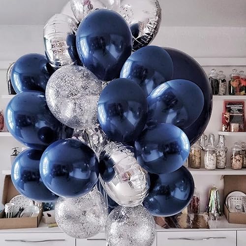 Miniatura 4 de RUBFAC Globos de color azul marino, 50 globos azul oscuro perla de 12 pulgadas, globos de látex gruesos con cinta para cumpleaños, boda, baby
