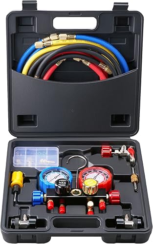 Vista 9 de VEVOR 4 Way AC Gauge - AC Manifold Gauge Set for R134A R22 R12 R410A Refrigerant, Freon Gauges with 5ft Hoses, Couplers, Can Tap Works on Car Auto