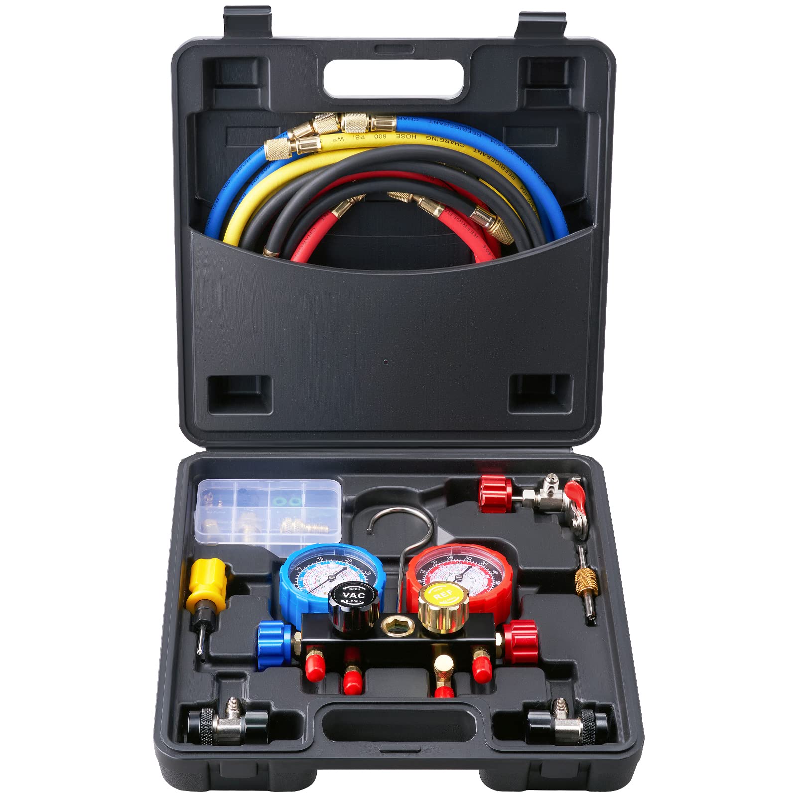 VEVOR Set di Manometro del Refrigeranti a 4 Vie per R134A R410A R22 dell'Aria Condizionata Uso Automobilistico, Set Indicatore del Collettore AC 3 Adattatori per Refrigeranti con Valigetta 31x30x8,5cm